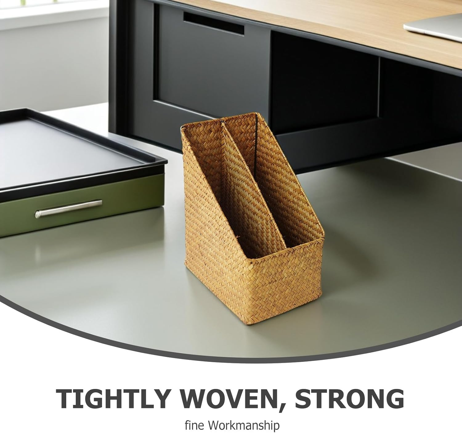 RUNROTOO Hand-Woven Caramel Color Document Organizer Basket for Desktop File Storage and Office Books Holder, Woven Storage Box Suitable for Desk Organization image number 1