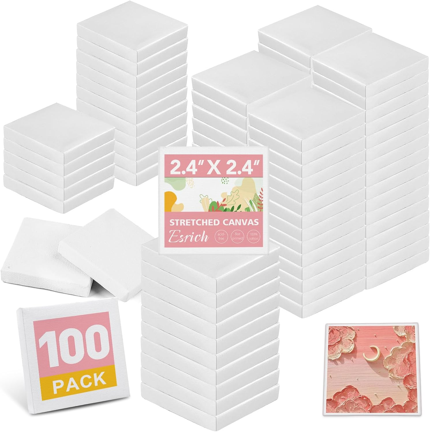 ESRICH Mini Canvases for Painting, Mini Canvas Bulk 100 Pack 2.4X2.4In, 2/5In Profile Small Square Canvases, Blank Canvases Are Great for School Projects and Kids Birthday Parties, Home Decor Project. image number 4