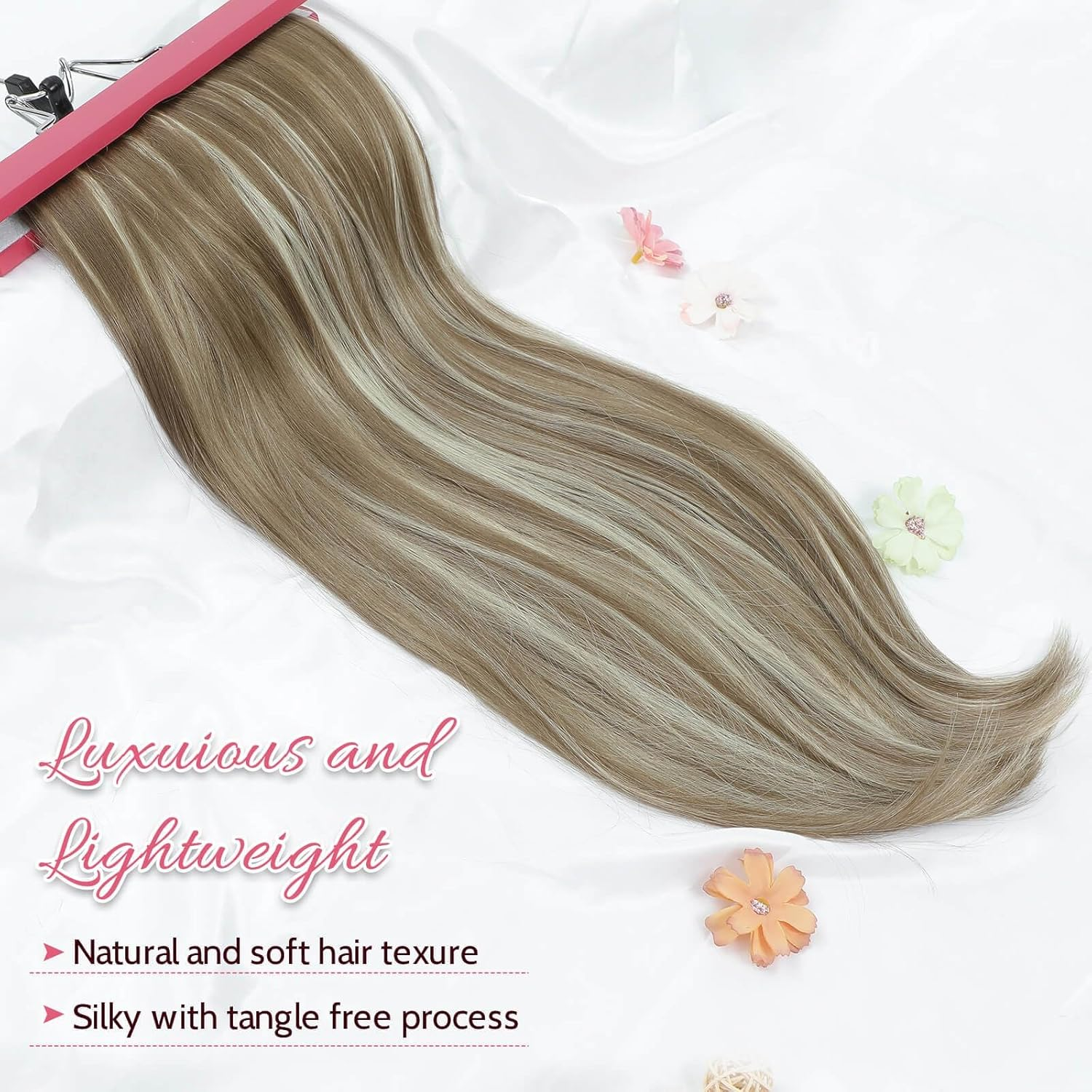 FINE plus Clip-In Extensions, 6 Pieces, Long Wavy Hair Extensions, Synthetic Extensions, Double Weft Hair, Full Head, Seamless Hairpiece for Women (77.33 Cm, Ash Brown with Platinum Highlights) image number 6