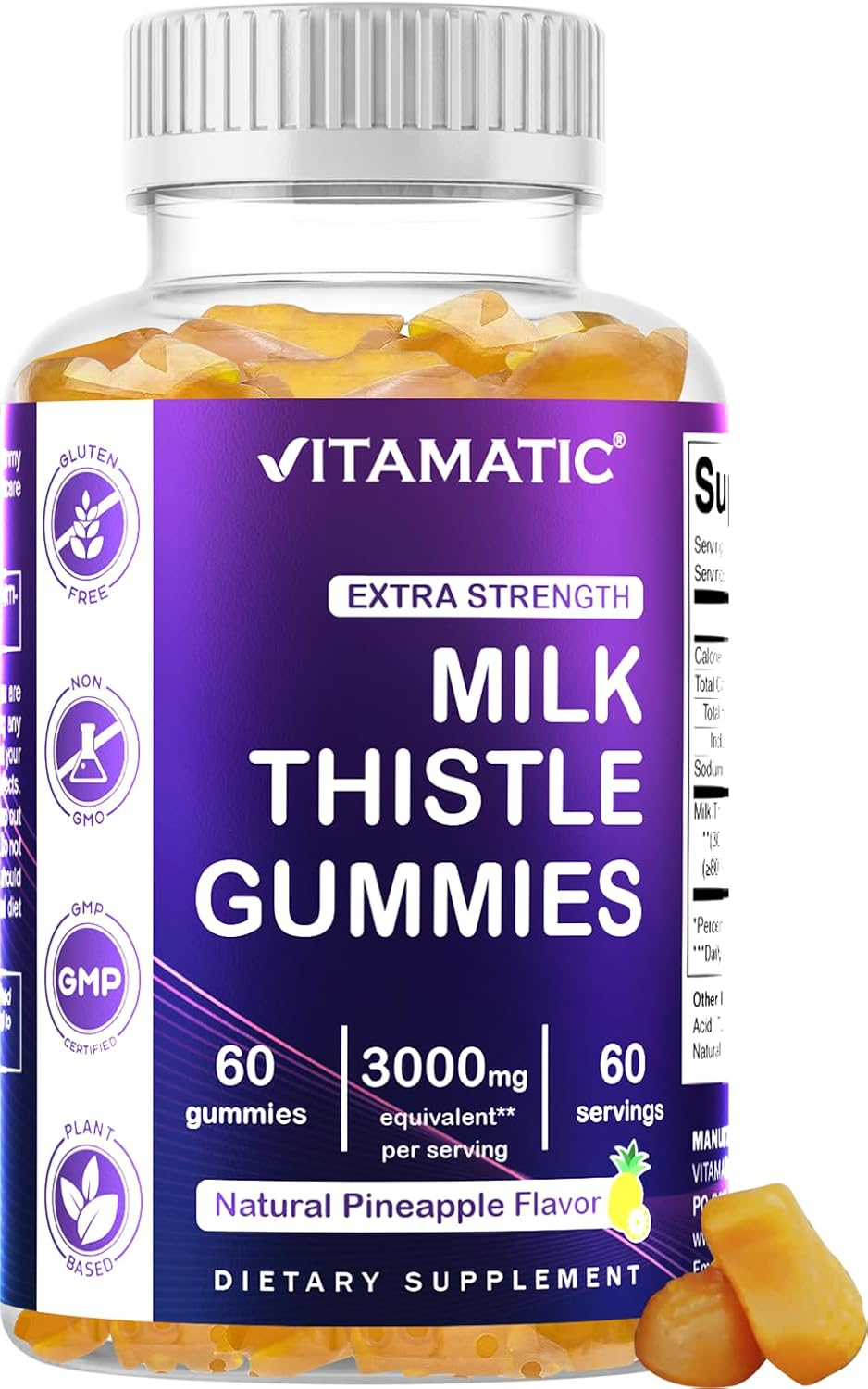 Vitamatic Milk Thistle Gummies - 3000 Mg Equivalent - Liver Detox & anti Oxidant Health - Min. 80% Silymarin Flavonoids - 60 Pectin Based Gummies image number 1