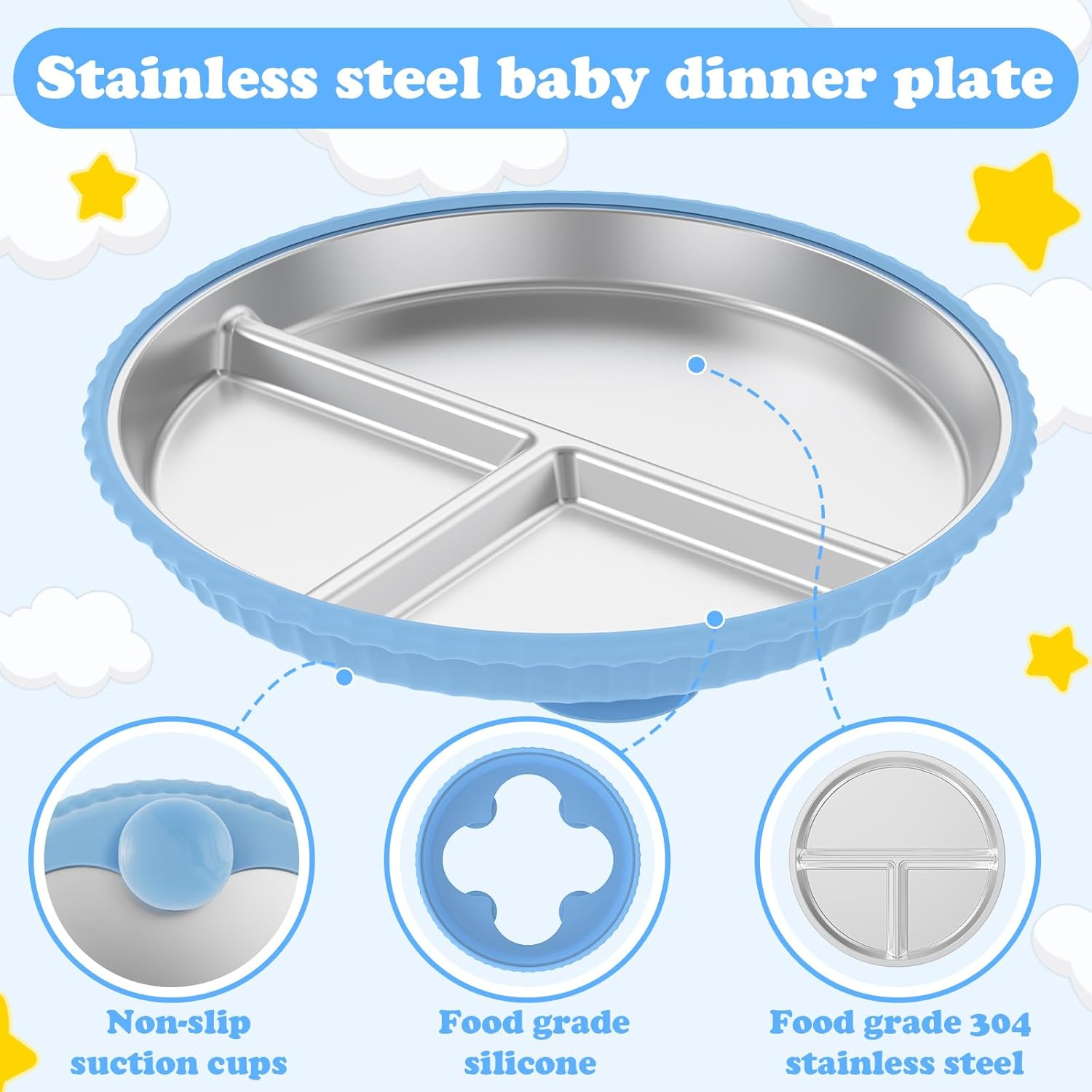 2 Pack Stainless Steel Kids Plates with Suction, 9&rdquo; Divided Toddler Plate with Nonslip Silicone Sleeve, Toddler Utensils Baby Feeding Set, Metal Snack Food Portion Platesfor Baby Led Weaning Supplies image number 4