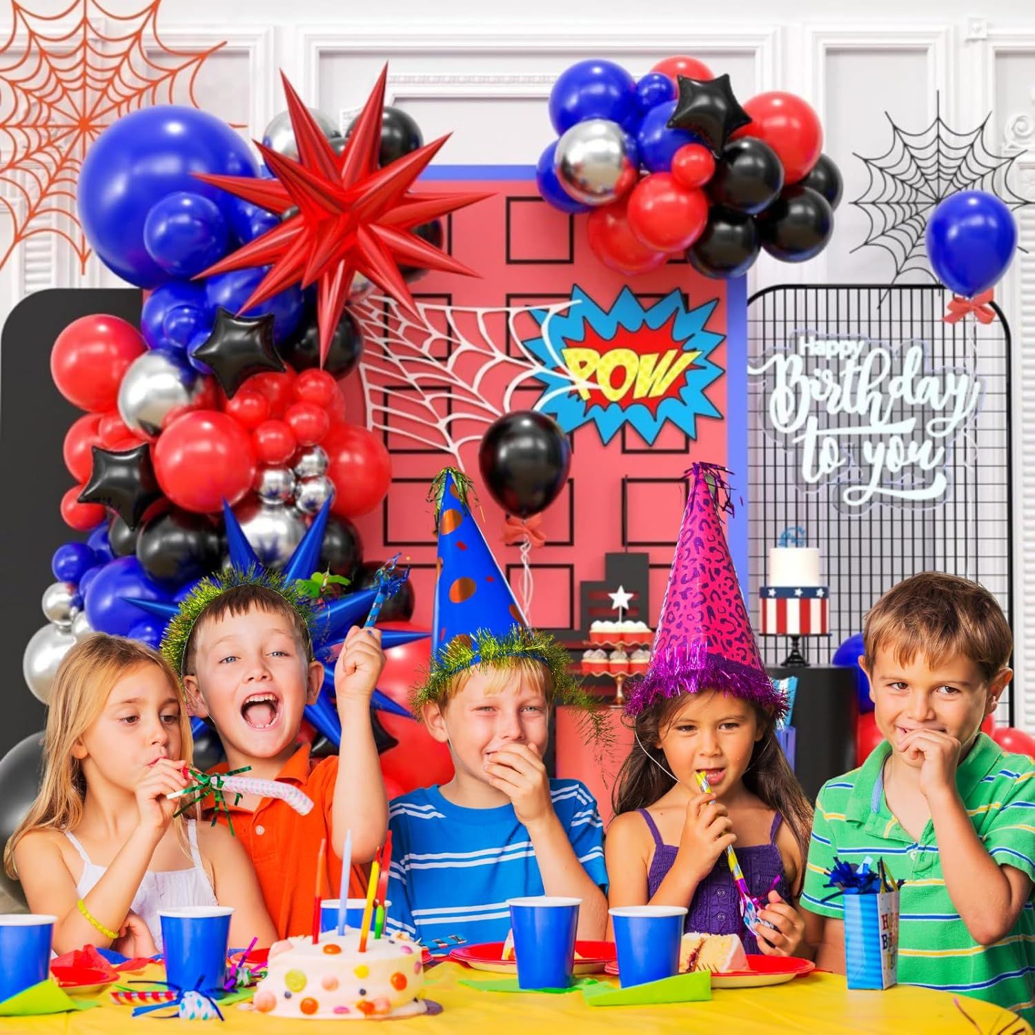 107PCS Blue Red Black Balloon Garland Arch Kit with Large Explosion Star Foil Balloons for Spider Comics Theme Boy Birthday Party Man Superhero Inspired Decorations (A) image number 2