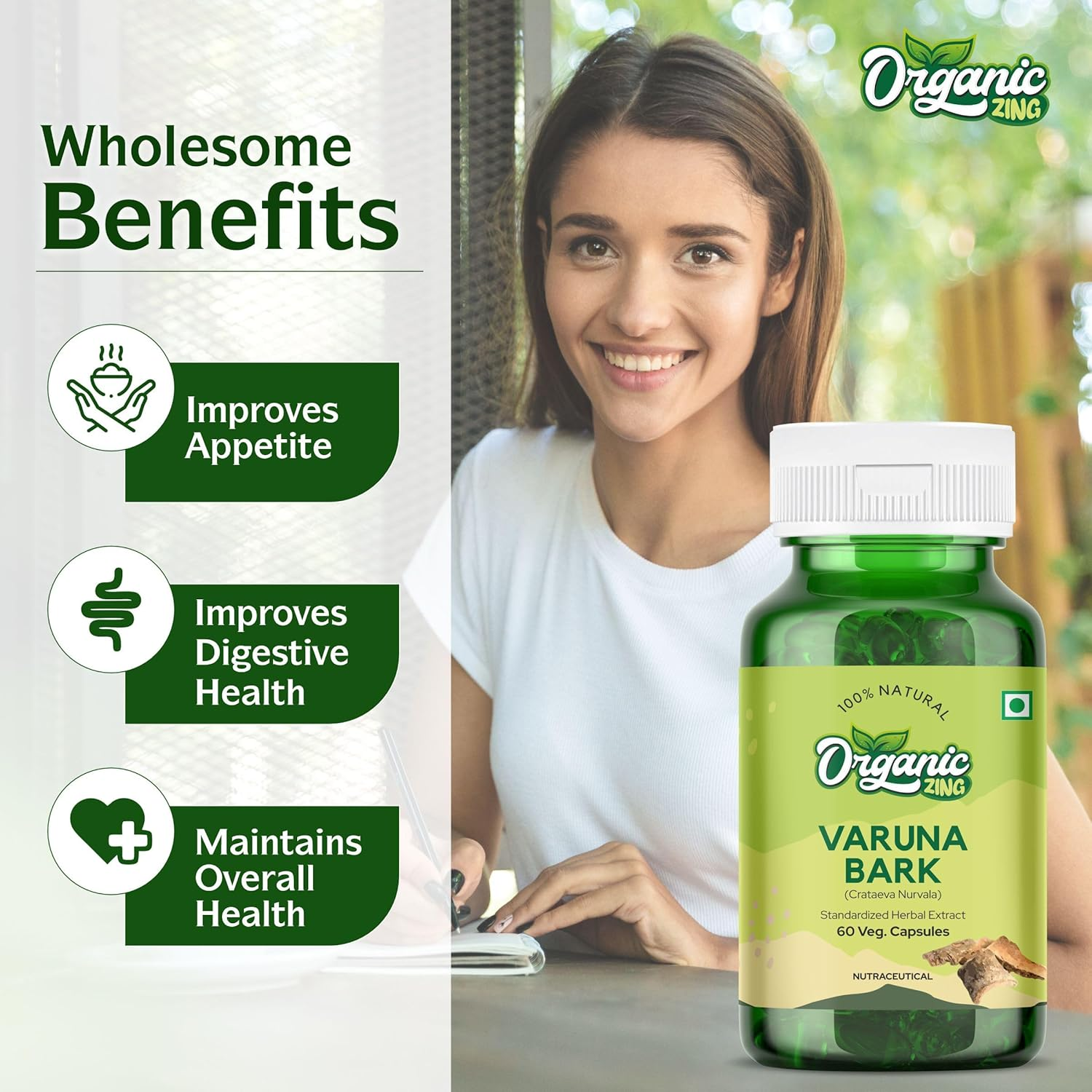 Organic Zing Varuna Bark Extracted from Crataeva Nurvala - Vegan & Gluten Free - 60 Capsules 500Mg.