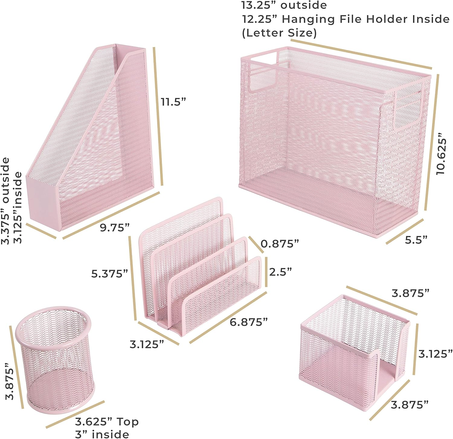 Blu Monaco 5 Piece Pink Office Supplies Desk Organizer Set - with Desktop Hanging File Organizer, Magazine Holder, Pen Cup, Sticky Note Holder, Letter Sorter - Pink Desk Accessories for Women Office image number 7