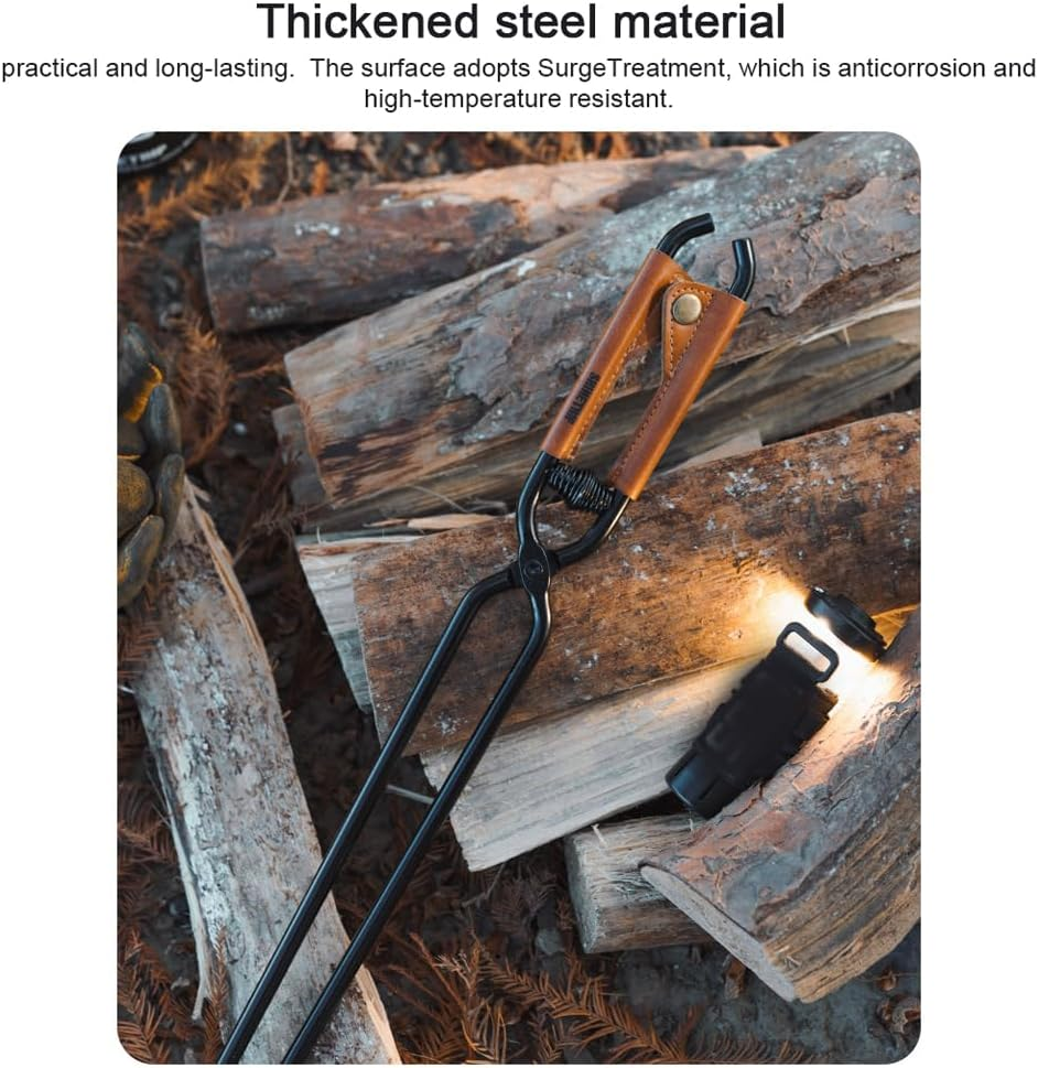 Mingzhe Carbon Steel Charcoal Tongs Outdoor Camping Bonfire BBQ Firewood Clip Tool Stoves Fire Charcoal Tongs Leather Handle Firewood Clamp image number 3