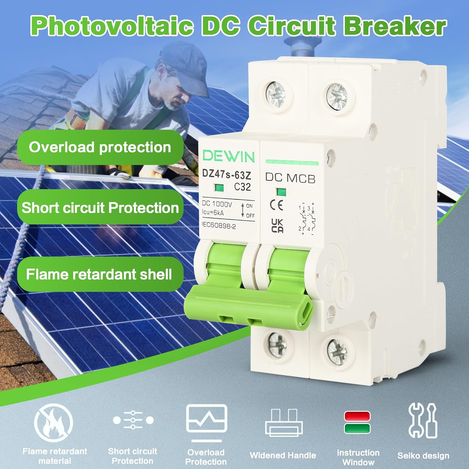 Victool DC Miniature Circuit Breaker, DC Circuit Isolator, Low Voltage Miniature Circuit Breaker DIN Rail Mount 2P 32A DC1000V