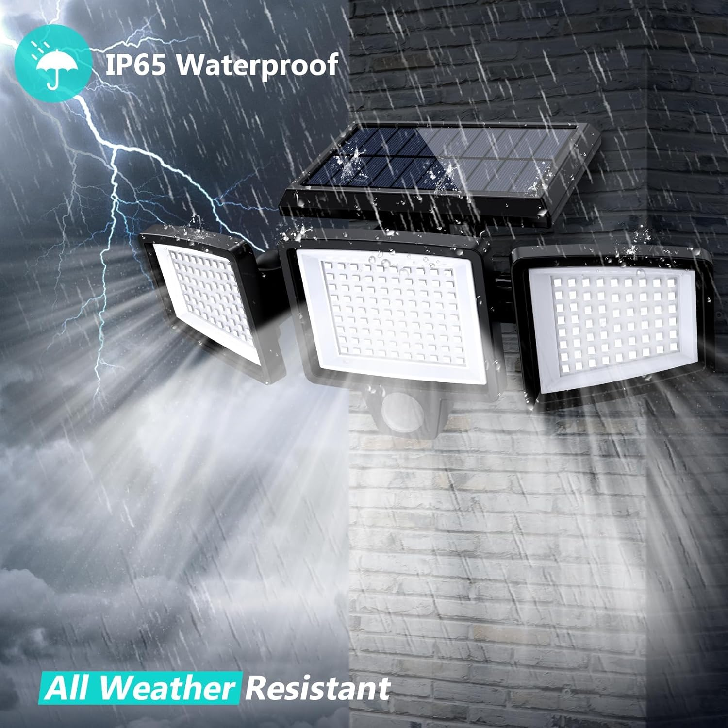 Solar Motion Sensor Light, 208 Leds Security Light, 3 Heads Motion Sensor Lights, IP65 Waterproof, 210&deg; Wide Angle Flood Wall Lights (208 Leds) (208 LED) image number 5
