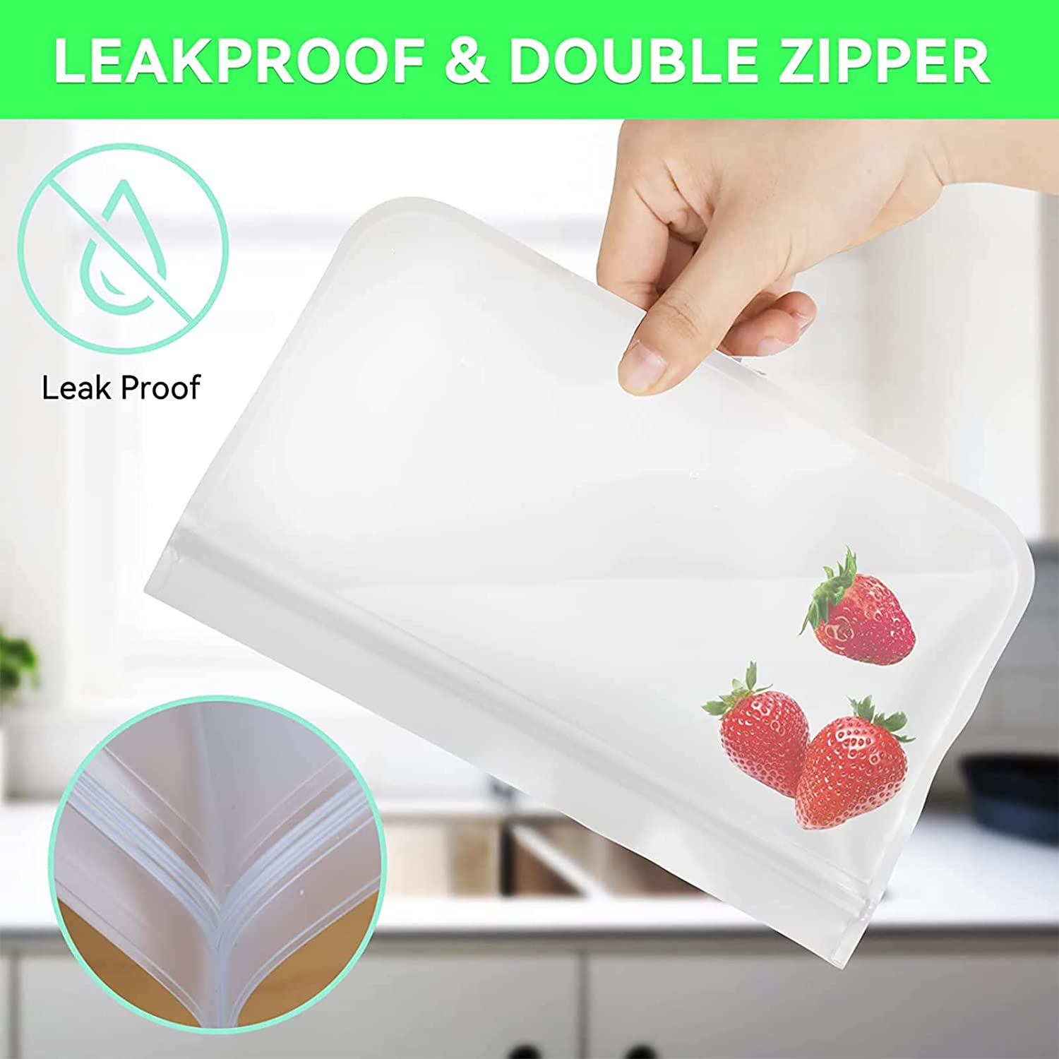 Reusable Ziplock Bags Silicone,14 Pack Reusable Freezer Bags, Food Storage Bags with 2Gallon Bags,6 Sandwich Bags and 6 Food Grade Snack Bags for Kids, for Meat, Fruit,Veggies image number 2