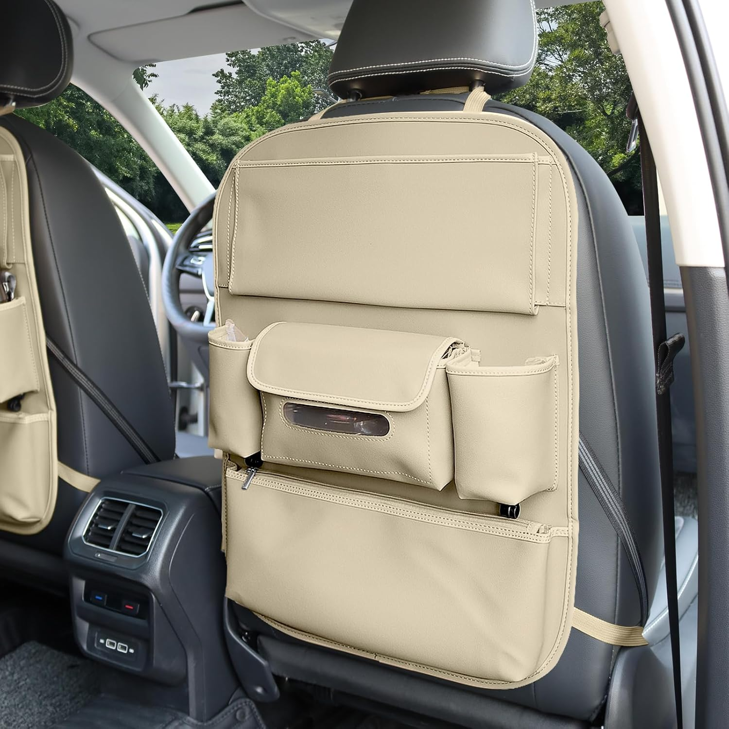 Car Seat Organizers Waterproof Backseat Protector with Storage Pocket Large Leather Kick Mats for Kids Pets Automobile SUV Truck (Beige, Large Pocket) image number 1