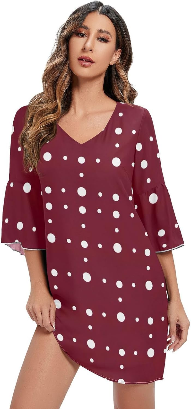 White Polka Dots Dark Red Chiffon V Neck Dress Printed Line Maternity Dress S-XXL image number 2
