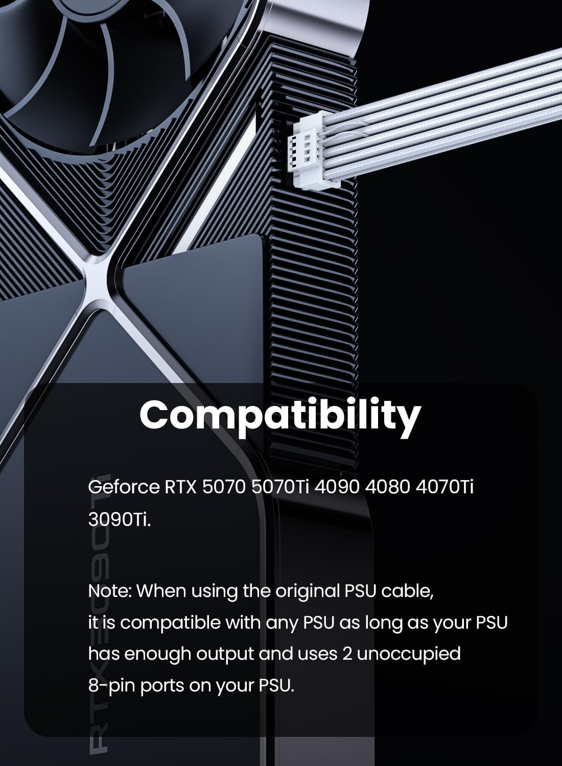 Fasgear Pci-E 5.0 12VHPWR Extension Cable 30Cm 16(12+4) Pin Male to 2X8(6+2) Pin Female Sleeved Extender 16AWG 12V-2X6 GPU Cord Compatible for RTX 3090Ti 4070 4070Ti 4080 4090 image number 2