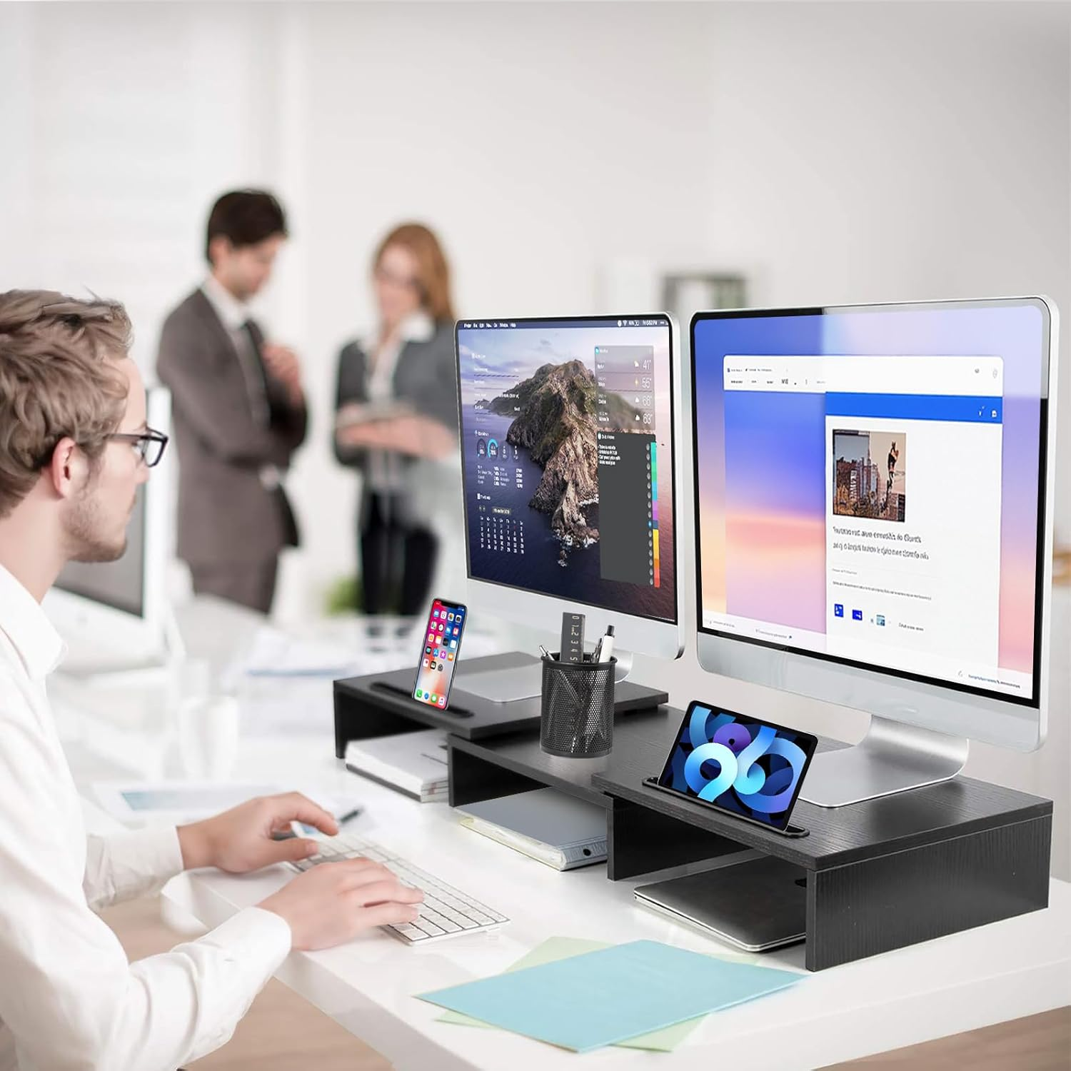 DAWNTREES Dual Monitor Stand Riser 3 Shelf Screen Stand with Adjustable Length and Angle, 2 Extra for PC, Computer, Laptop