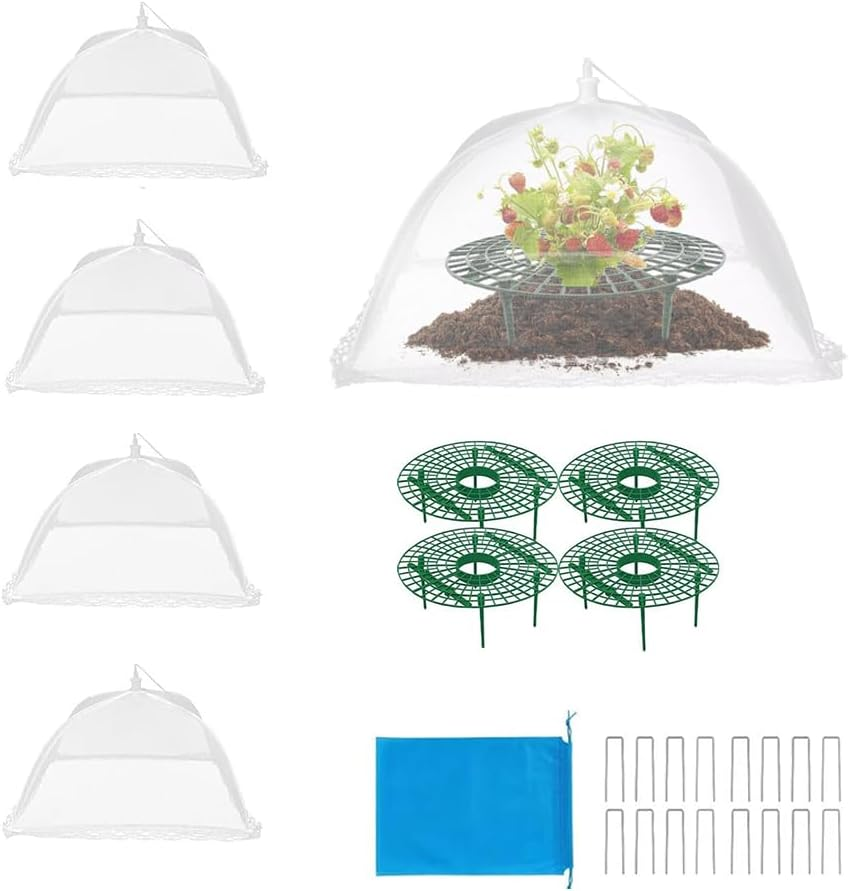 4 Sets Strawberry Plant Support with Mesh Plant Cover,Strawberry Growing Racks Sets with Iron Plant Nails and Storage Bag Planting Stand for Garden Vegetables image number 1