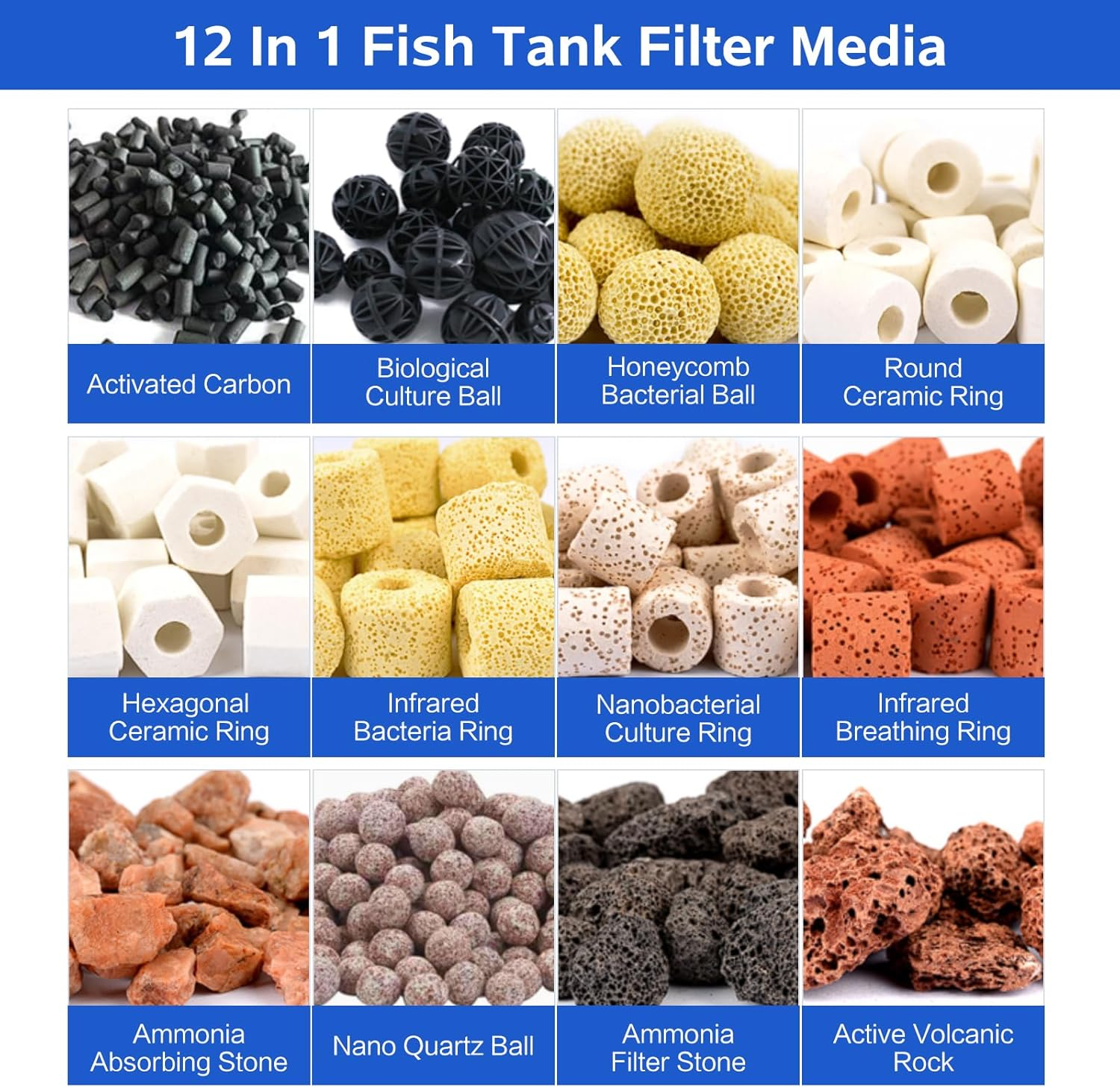 SUSOO 12 in 1 Aquarium Filter Media,Enduring Effect Sink Bio Media with Filter Net Bag,Activated Carbon,Bio Balls,Ammonia Remover Rock,Ceramic Rings,For Fish Tank Accessories Clear Water (650G/1.4Lb) image number 5