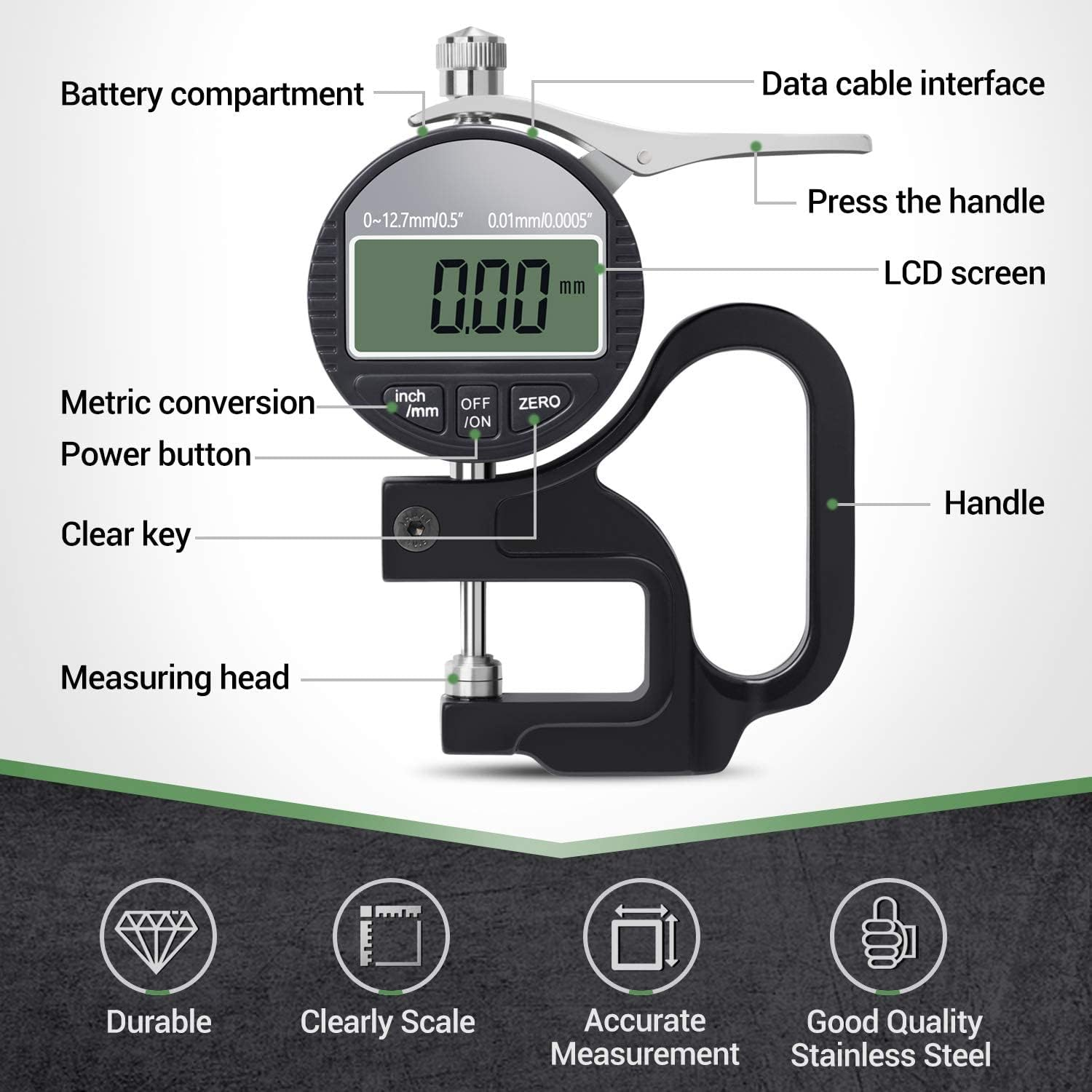 Digital Thickness Gauge 0.5 Inch/12.7Mm, 0.0005"/0.01Mm, Thickness Meter Metric/Inch Paper/Film/Fabric/Tape Thickness Gauge image number 1