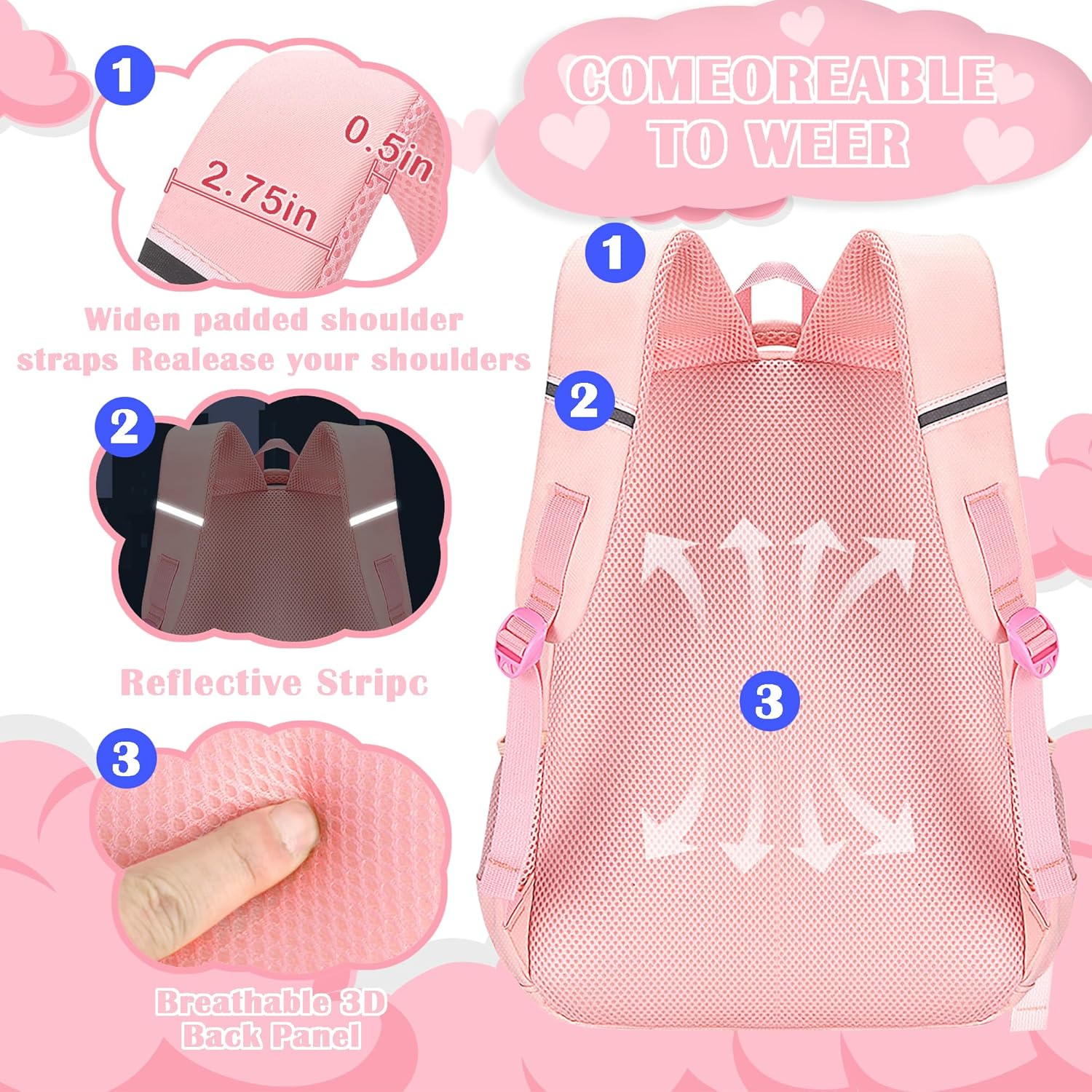 Lifelix School Backpack for Girls Kids Cute Pink Bookbag for Elementary Middle Schoolbag Backpacks Ages 6-14 image number 1