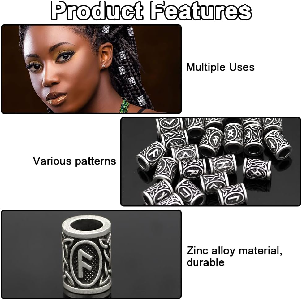 24 Piece Beard Beads Set Viking, Viking Rune Beard Beads with 6 Pull Hairpin Quick Beader and 200 Rubber Bands, Nordic Hair Tube Beads, Beard Jewellery Men for Bracelet Necklace DIY Pendant image number 2