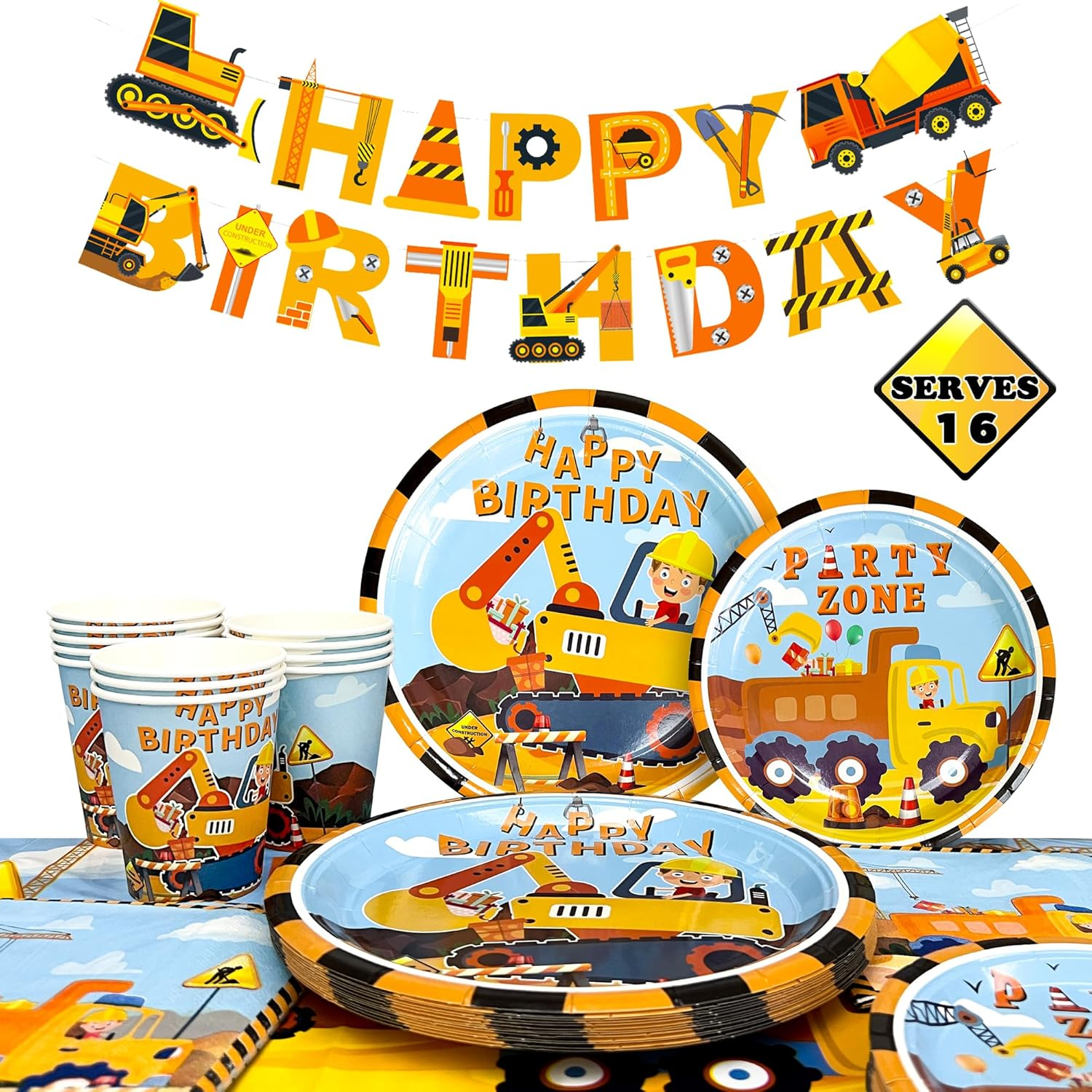 80Pcs Construction Party Supplies Tableware Set-Construction Birthday Party Plates Cups Napkins Tablecloth Banner Etc Construction Party Tableware for Dump Truck Excavator Construction Theme Party image number 1