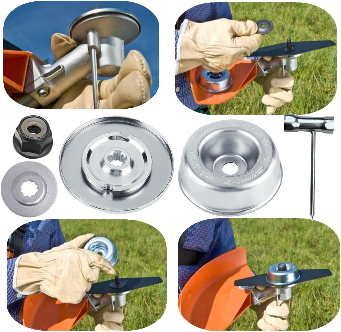 Blade Adapter Kit for Stihl FS55 FS55R FS56 FS56RC FS70R FS80 FS85 FS90 FS90R FS94 FS94R FS100RX FS110 FS120 FS130 FS130R FS240 FS250 (Thrust Washer, Rider Plate, Thrust Plate, Collar Nut, T-Wrench) image number 4