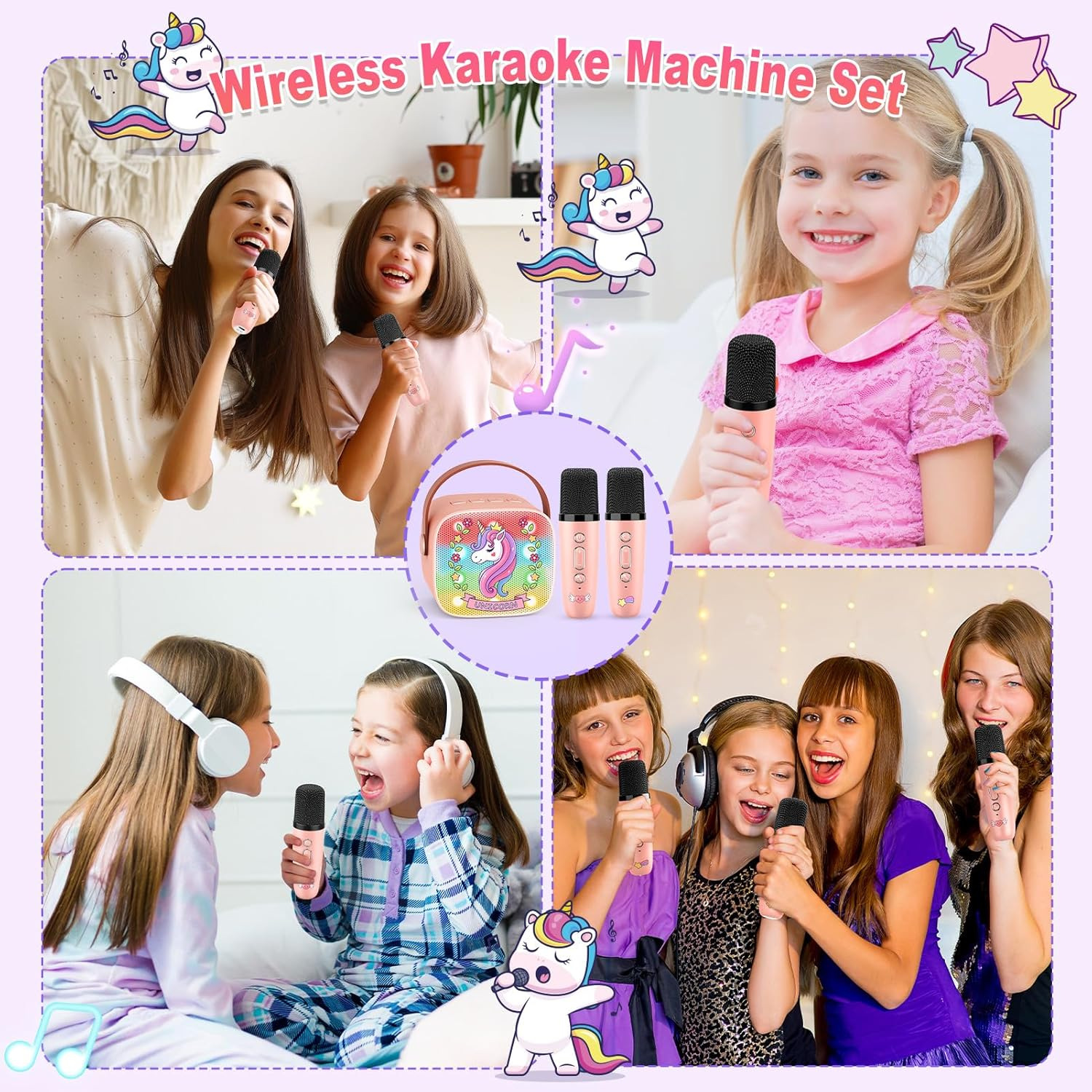 Mini Karaoke Machine for Girls Gifts, Vingtank for 3 4 5 6 7 8 9 Year Old Girl Christmas Birthday Gifts Unicorn Toys Portable Bluetooth Speaker with 2 Wireless Microphone for 3+ Years Girls Teens