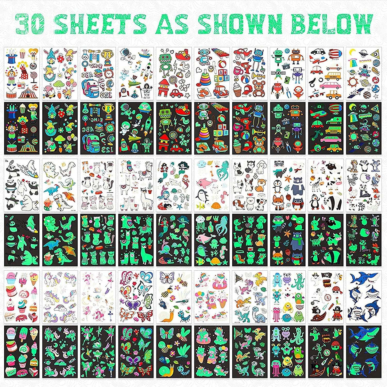 BEETIY 30 Sheets Luminous Tattoo Stickers, Glow Temporary Tattoos for Kids Waterproof Luminous Tattoo Sticker Glow Mixed Assorted