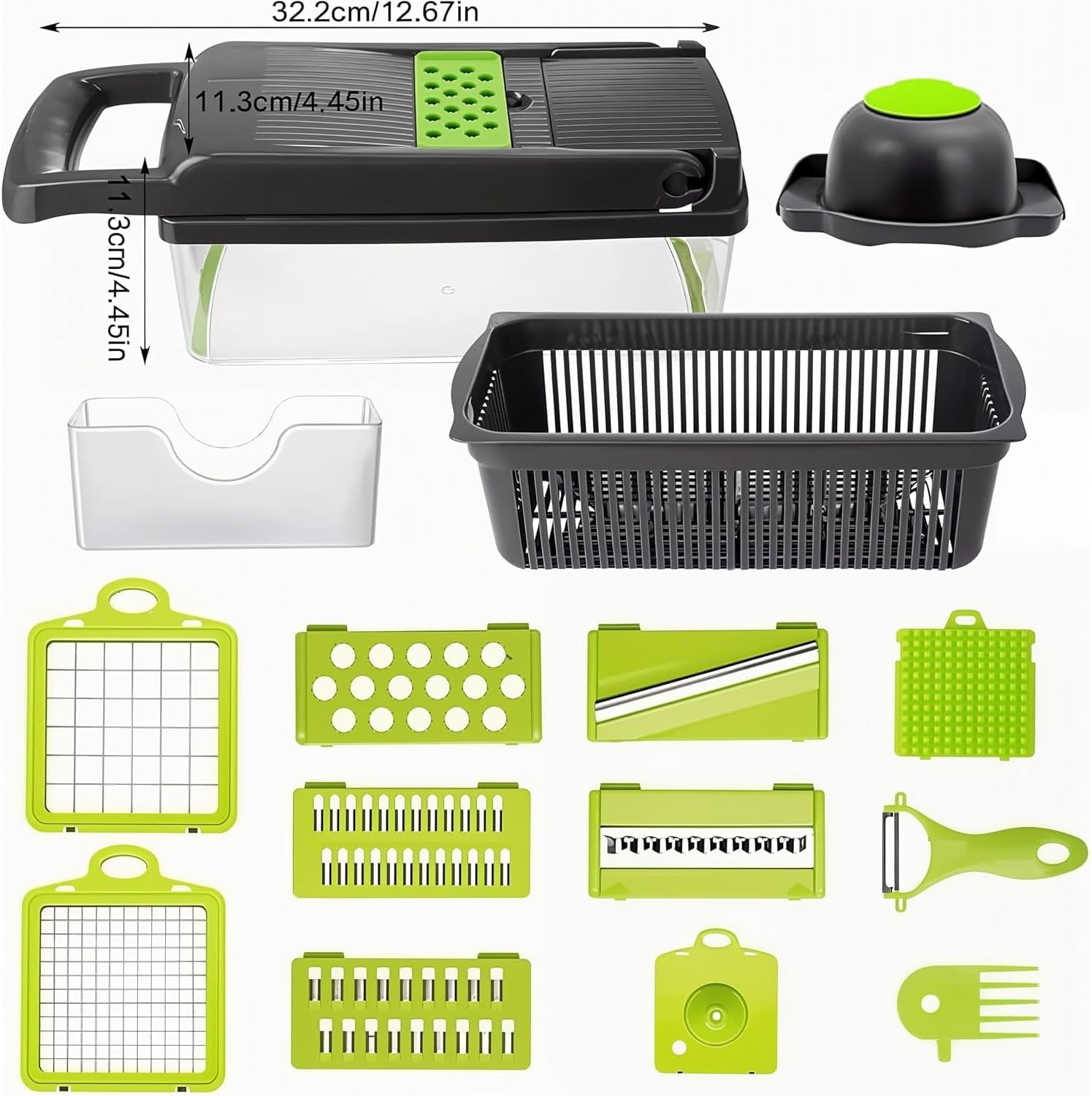 Vegetable Chopper, Multifunctional 16 in 1 Food Chop Onion Chopper Vegetable Slicer Cutter Dicer Veggie Chopper + 8 Blades,Colander Basket,Container for Salad Potato Carrot Garlic (Green+Black+White) image number 1
