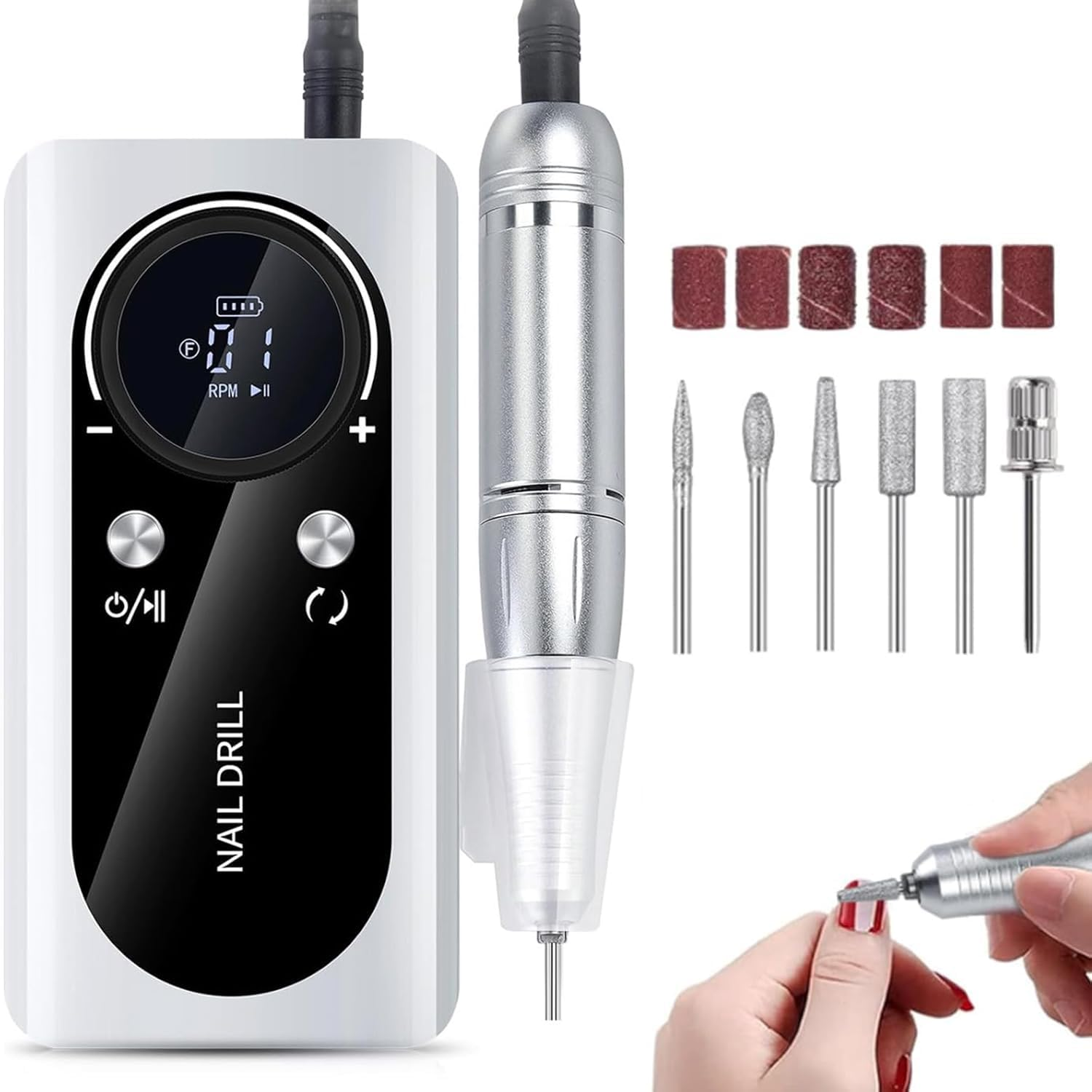 UPAUS Cordless Nail Drill Professional, 45000 RPM Rechargeable Electric Nail File Kit with Smart LCD Screen, Portable Low Noise for Acrylic, Gel Nails, Manicure, Pedicure, for Salon, Home Use (White)