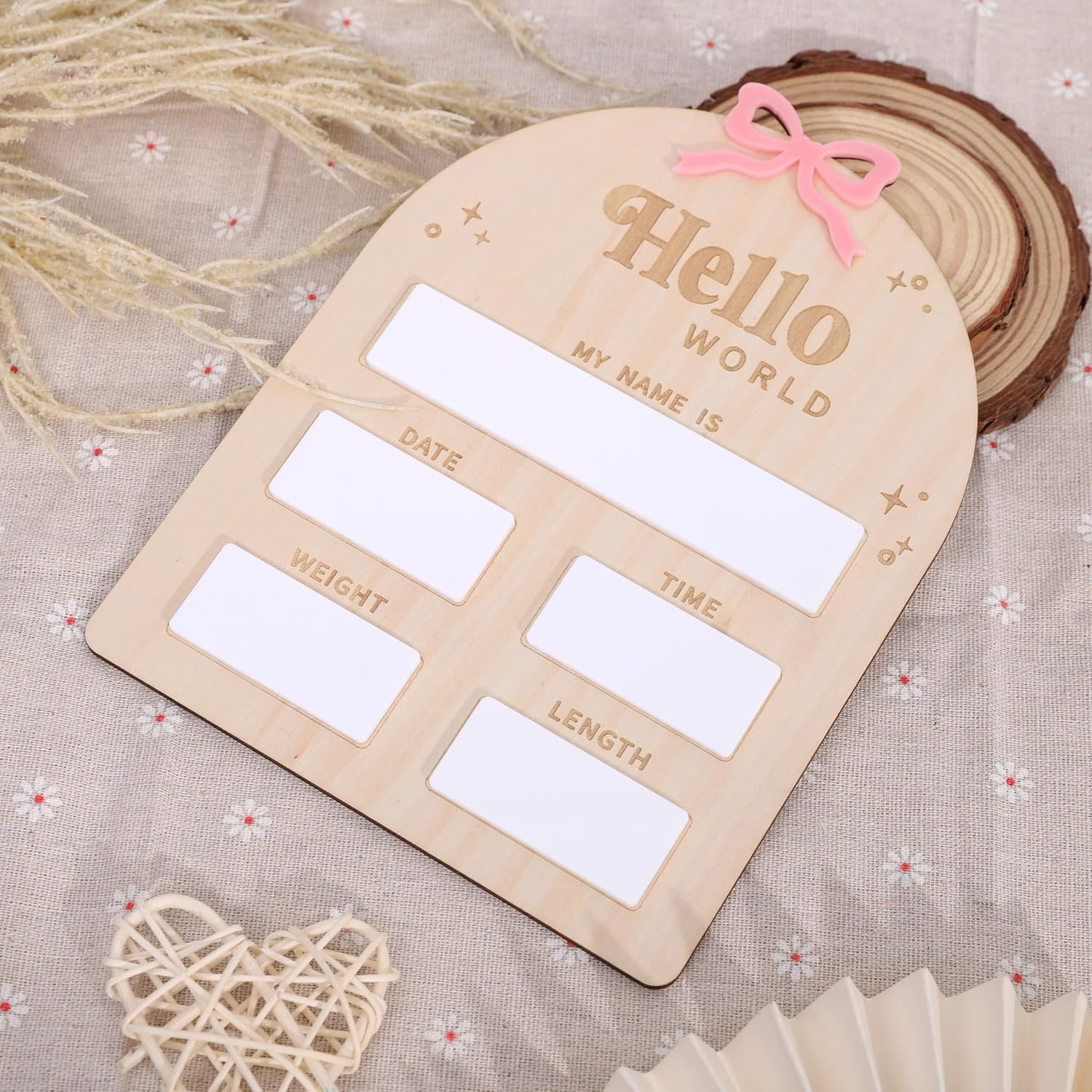 Wooden Bow Baby Birth Announcement Sign for Girls - Pink Bow Hello World Newborn Welcome Board, Wooden and Acrylic Birth Announcement Board, Hospital Birth Stats, Nursery Decorations