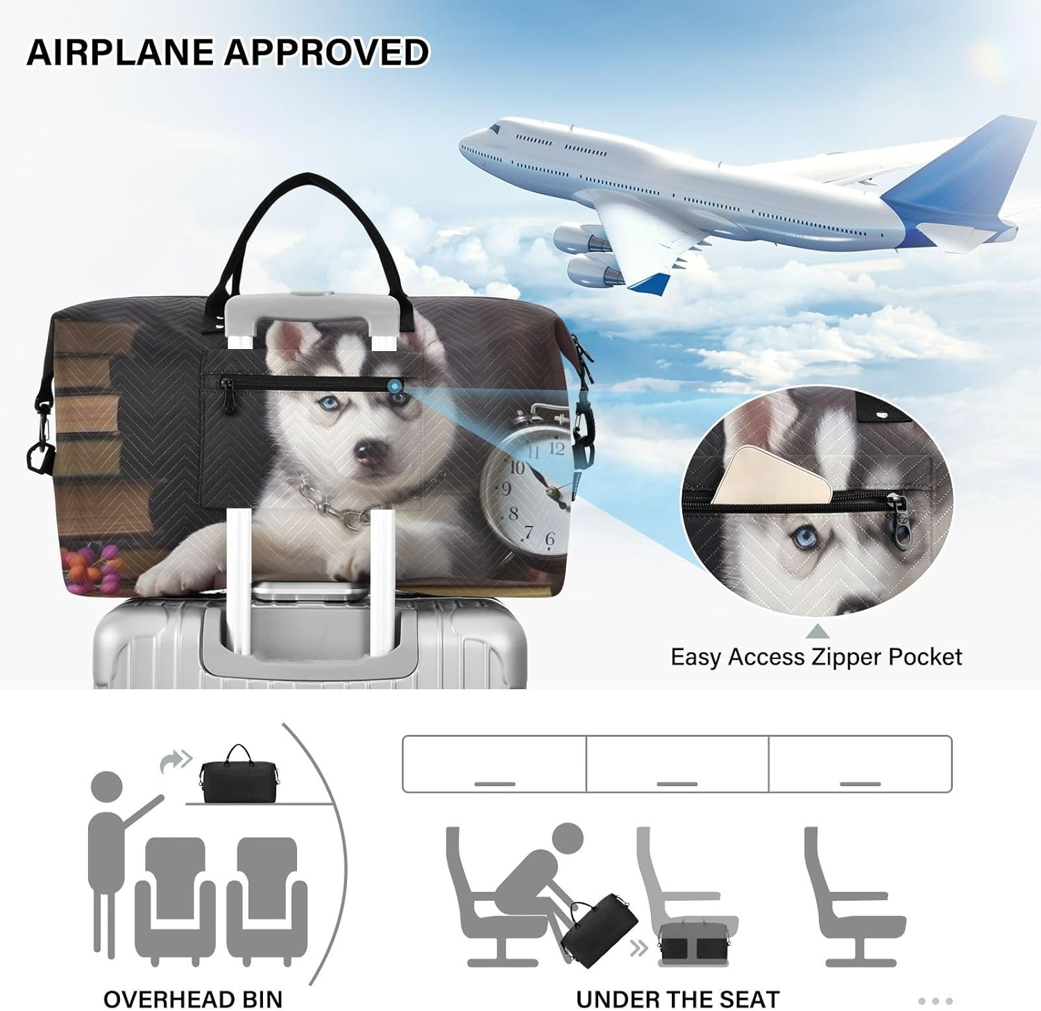 XYMZR Large Travel Duffel Bag, Cute Husky Watch Book Sport Tote Gym Bag, Shoulder Weekender Overnight Bag for Women Men, Carry on Luggage with Toiletry Bag, Multi-Colored image number 3