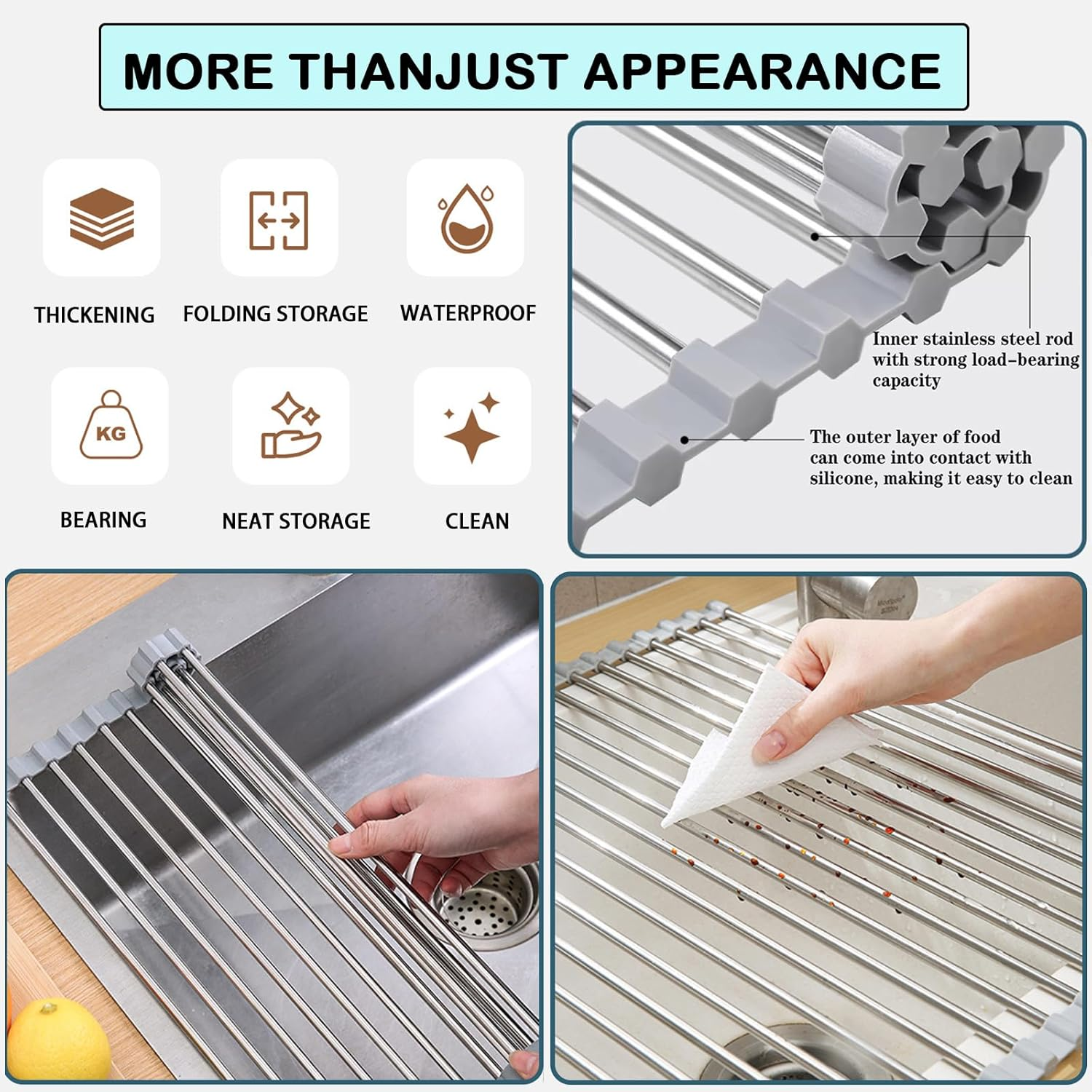 Roll up Dish Drying Rack, Foldable Stainless Steel over Sink Drainer Mat, 43Cm(L) X 35Cm (W), Space-Saving Kitchen Counter Dish Drainers for Dishes, Fruits, Vegetables (Grey) image number 3
