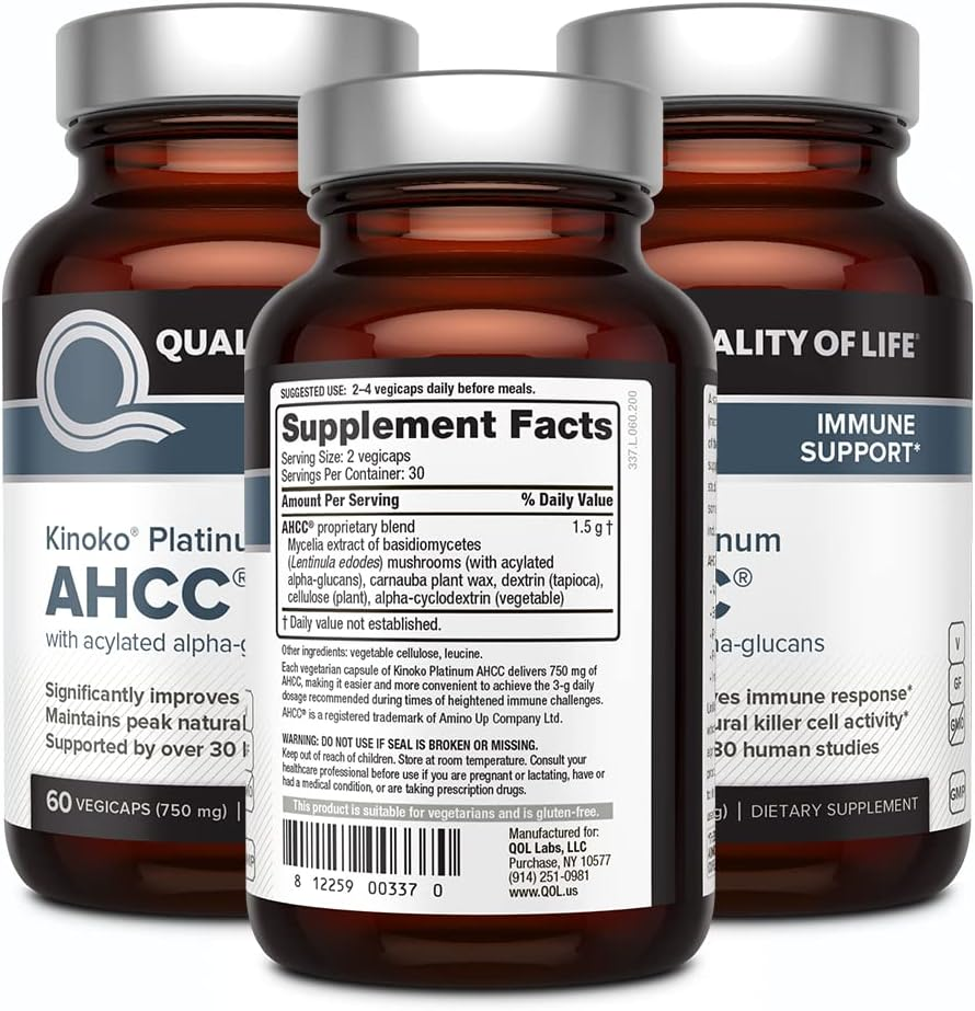 Quality of Life 3 Pack AHCC Kinoko Platinum 750 Mg&ndash; Premium Immune Support Supplement 60 Count Bottles image number 4