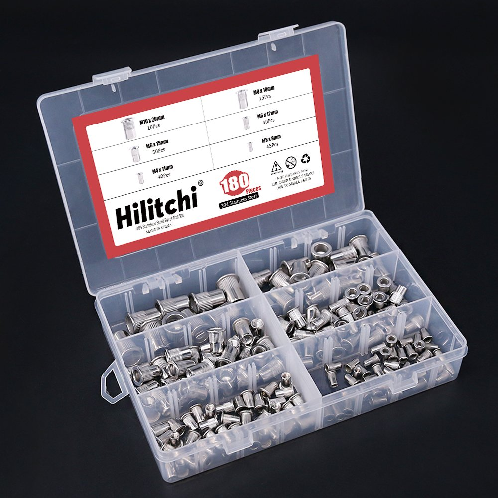 Hilitchi 180-PCS M3 M4 M5 M6 M8 M10 Flat Head Rivet Nut Threaded Rivetnut Insert Nutsert Assortment Kit- 304 Stainless Steel image number 2