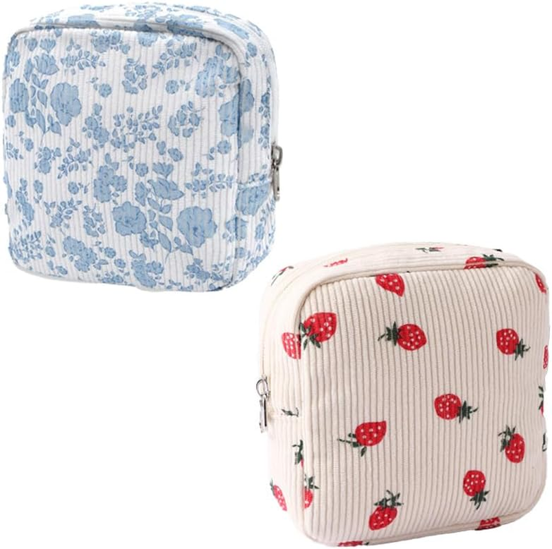 Travel Makeup Bag 2-Piece Set, Strawberry and Orchid Print Corduroy Cosmetic Pouches, Mini Toiletry Organizer with Compartments for Women image number 2