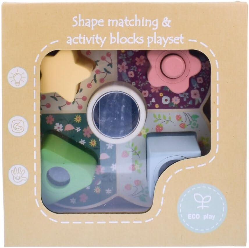 Kaper Kidz - Wooden Shape SORTER with Activity Blocks | Beautifully Decorated Wooden Blocks with Flowers and Interactive Shapes