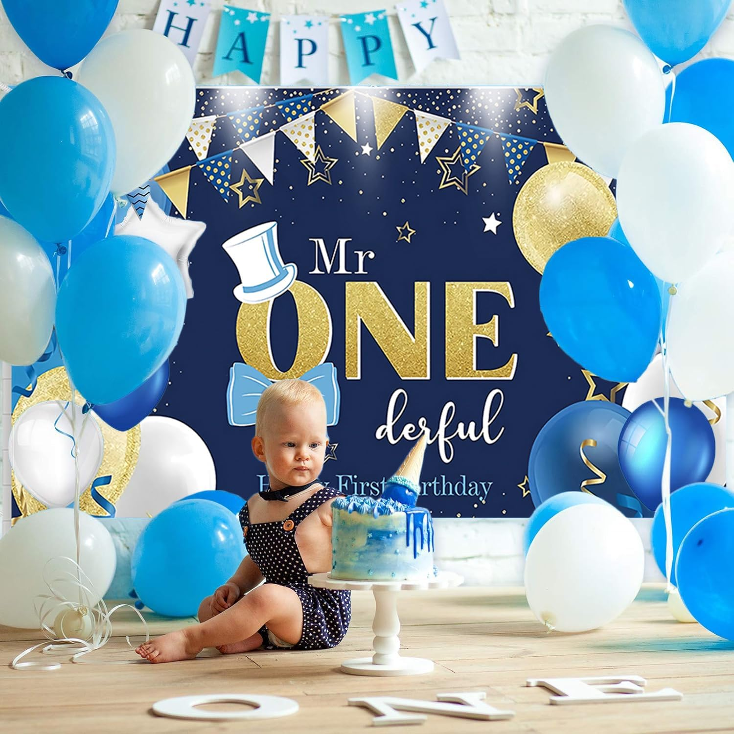 Boys 1St Birthday Party Decoration Large First Birthday Backdrop Banner, One Year Old Party Decor Photo Prop Blue Gold image number 1