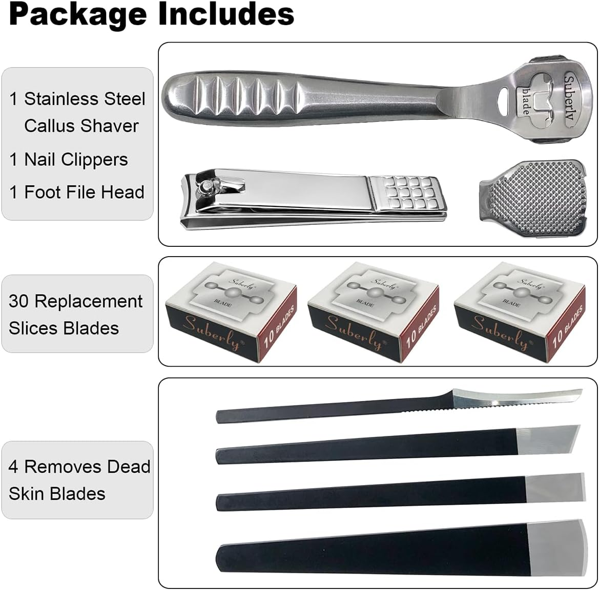 37 Pcs Callus Shaver for Feet Set, Foot Callus Shaver, (1 Foot File &1 Foot File Heads & 4 Pedicure Knife & 1 Nail Clippers & 30 Replacement Slices Blades) image number 5