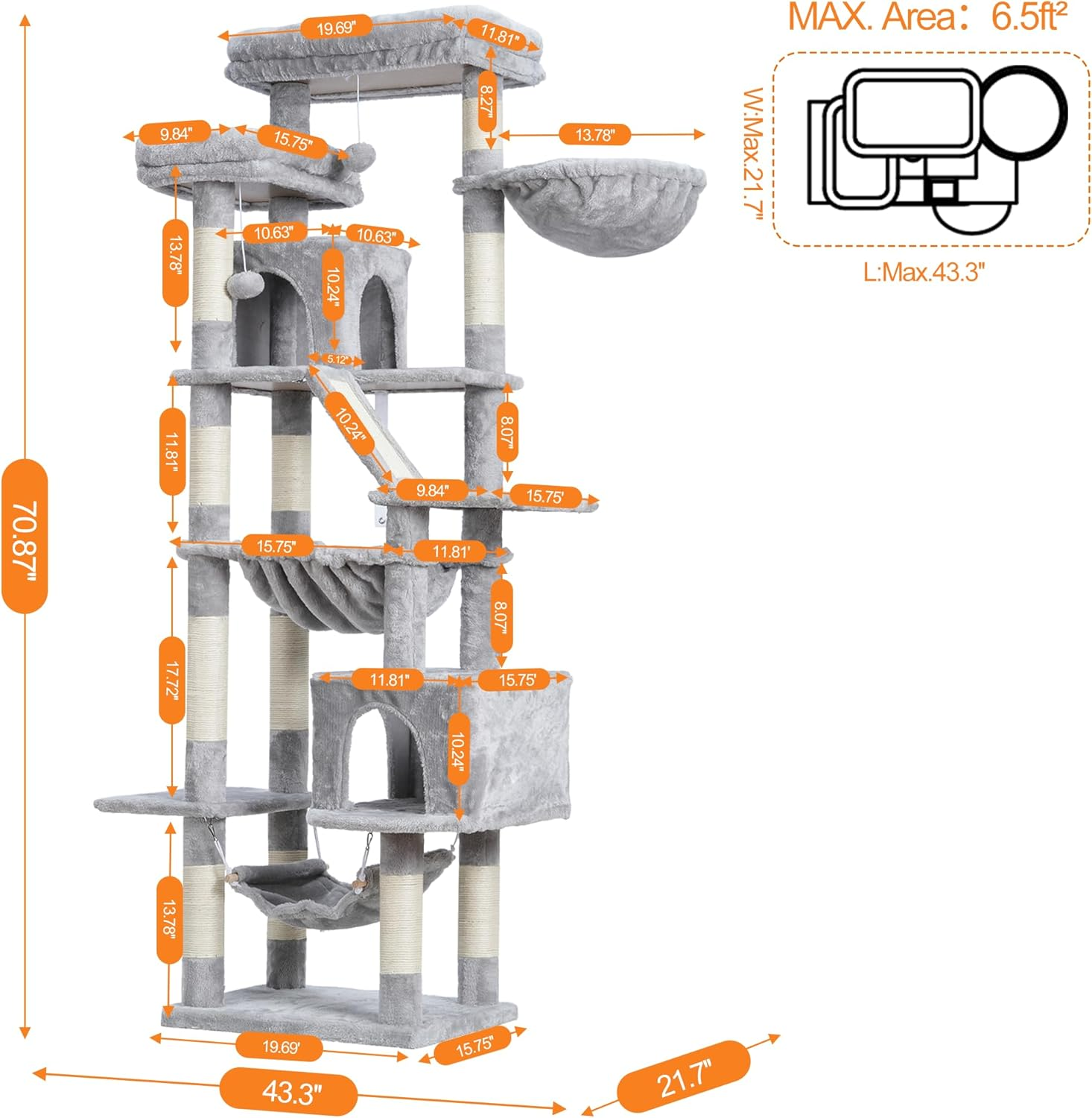 Heybly Cat Tree，71-Inch Tall Tower for Indoor Cats with 2 Perches, 2 Big Condos, 2 Hammocks, Basket, Scratching Pad，Large Cat Furniture and Condo, Light Gray HCT034W image number 1