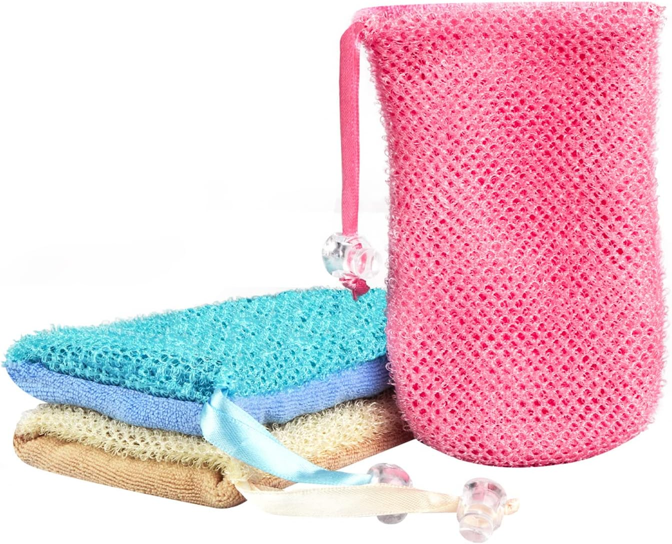 Linkidea 3 Pack Mesh Soap Scrubber Pouch, Soap Saver Bag, Soap Pouch for Shower, Mesh Soap Saver Bags with Drawstring for Shower Bathroom (Pink, Blue, Yellow)