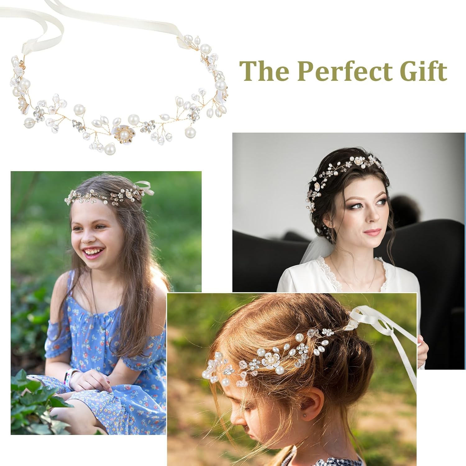 Flower Girl Hair Accessory for Wedding Princess Flower Crystal Headpiece Flowers Girl Crown Gold Bridal Hair Accessories for Women Girls Bride Wedding First Communion Photography Festival Gifts image number 4