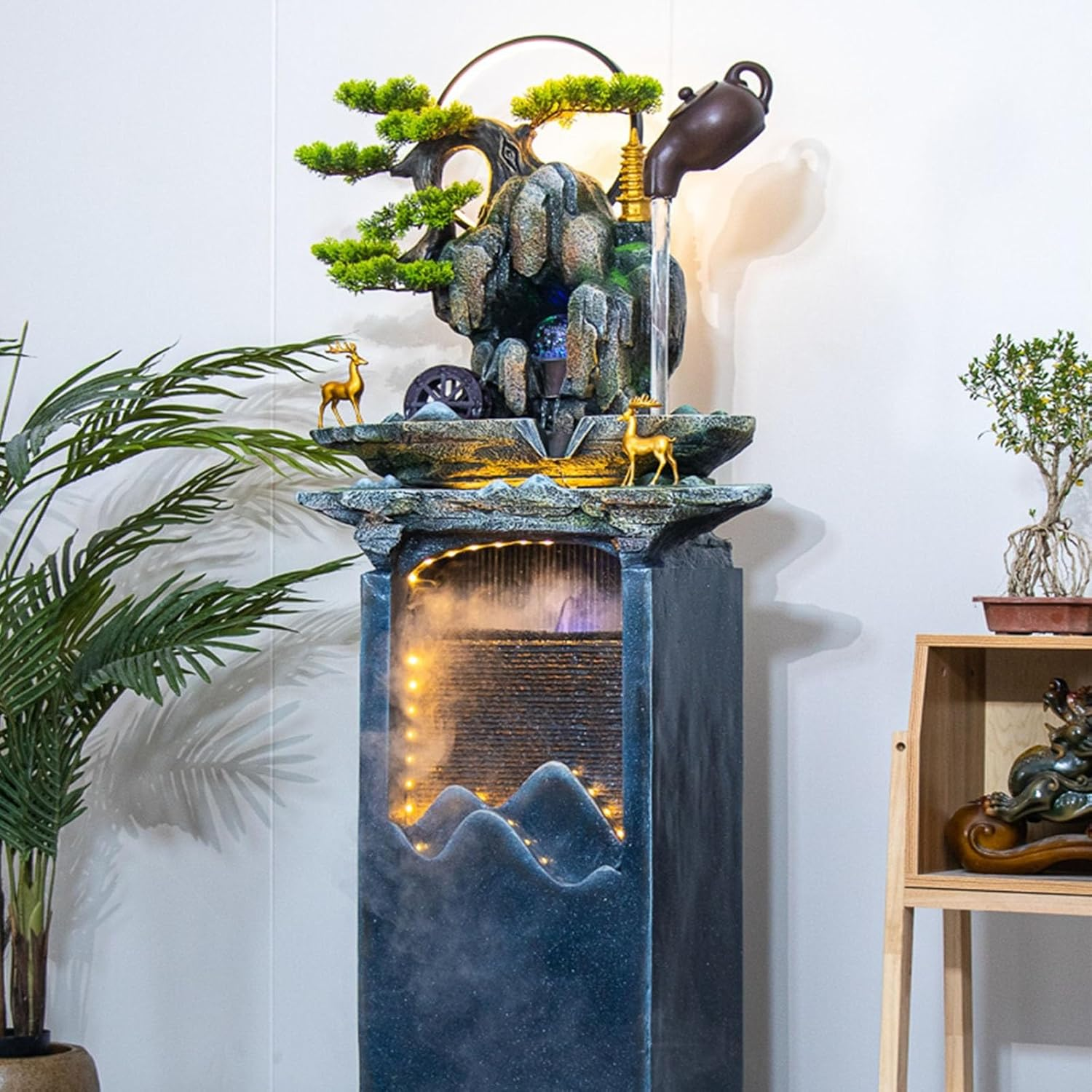 Outdoor Fountain Floor Standing Fountain with Hanging Teapot and Simulated Pine Tree, Indoor Water Recirculation Decorative for Living Room