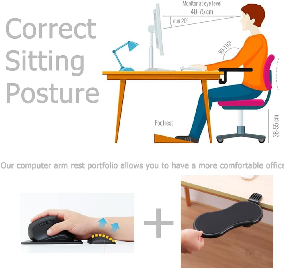 Computer Arm Rest for Desk, Adjustable Arm Rest Support for Computer Desk Ergonomics Rotating Armrest Support Extender, Keyboard Wrist Rest Pad with Mouse Wrist Rest for Office (Black) image number 3