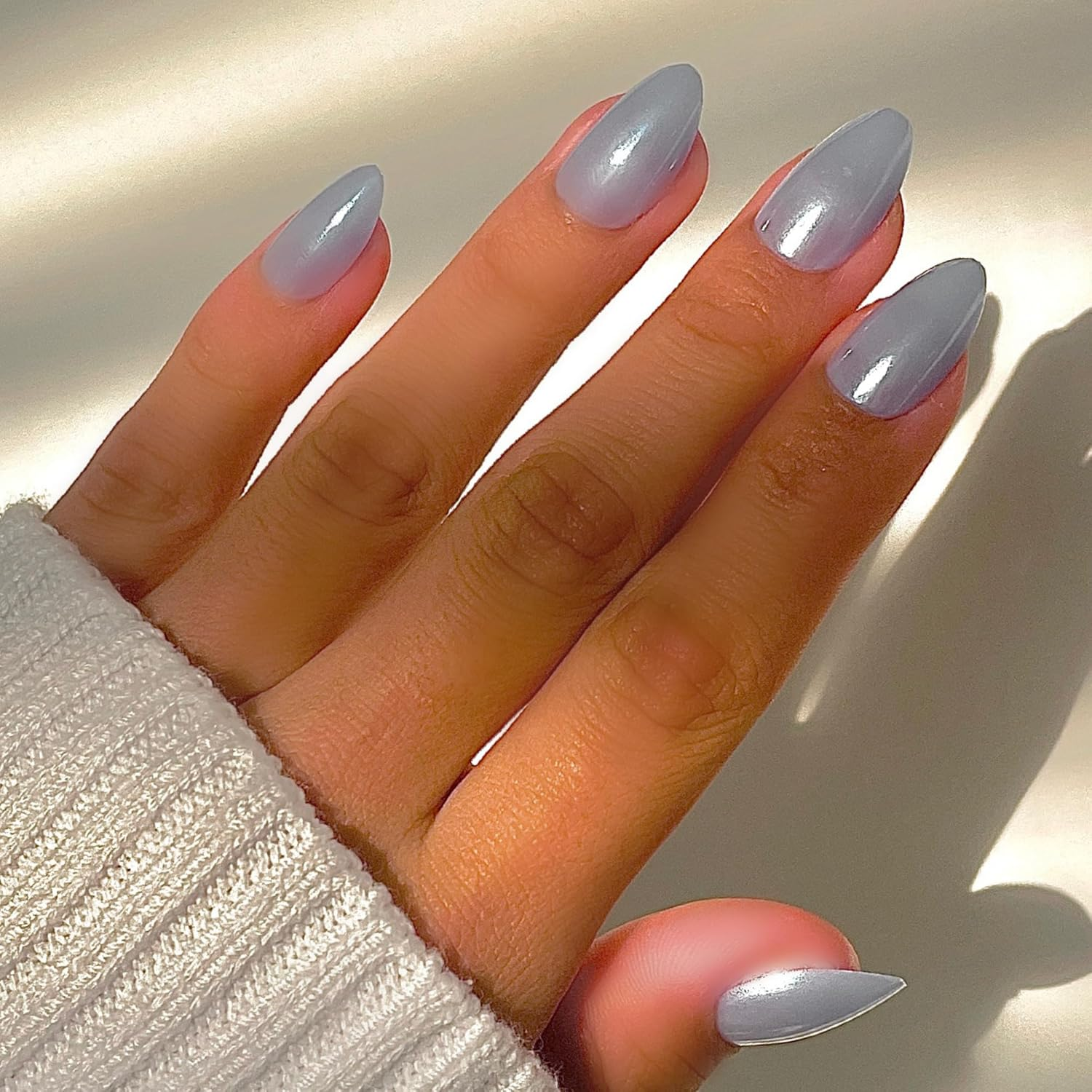 Press on Nails - Blue Glazed, Short Almond Shape, Reusable Nails in 15 Sizes - 30 Nail Kit with Glue and Sticky Tabs image number 1