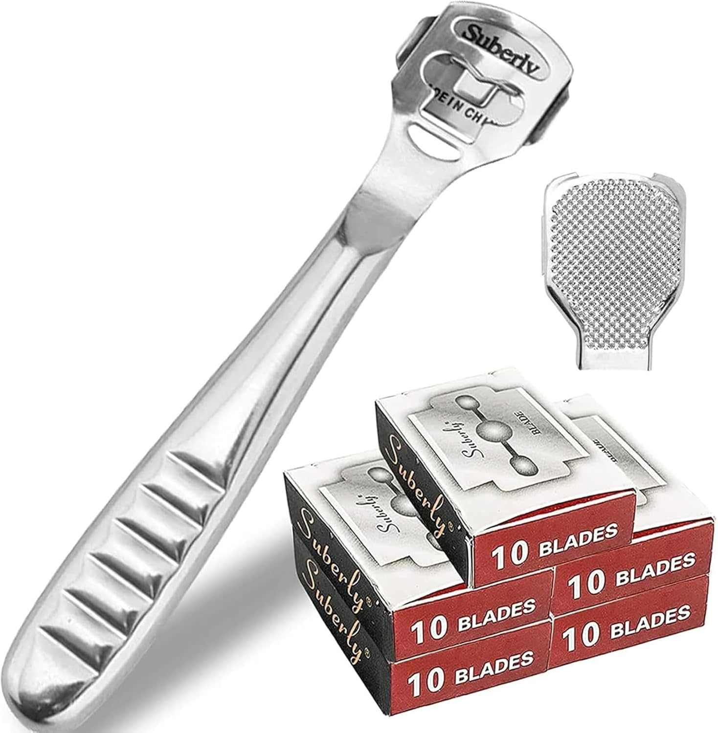 52Pcs Callus Shaver Set,1Stainless Steel Foot Razor Wooden Handle with 50Replacement Slices Blades and 1Foot File Head Foot Care Tools,Foot Shaver Callus Remover,Hard Dry Skin Remover for Hand Feet