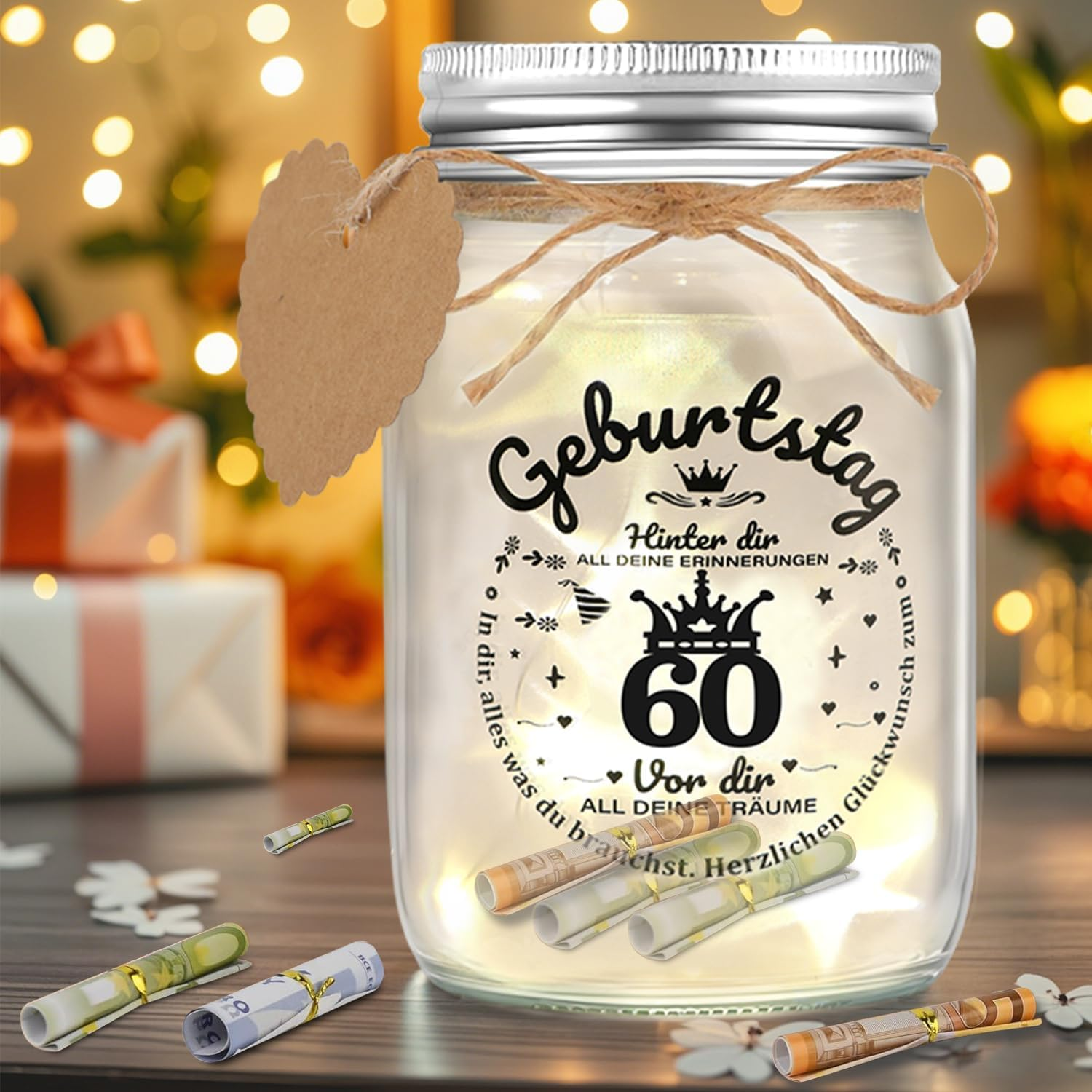 Apexxus 60Th Birthday Woman Man LED Bottle Light Birthday 60Th Money Gifts Packaging 60Th Birthday Gift Money Light Bottle Cool Gift Ideas