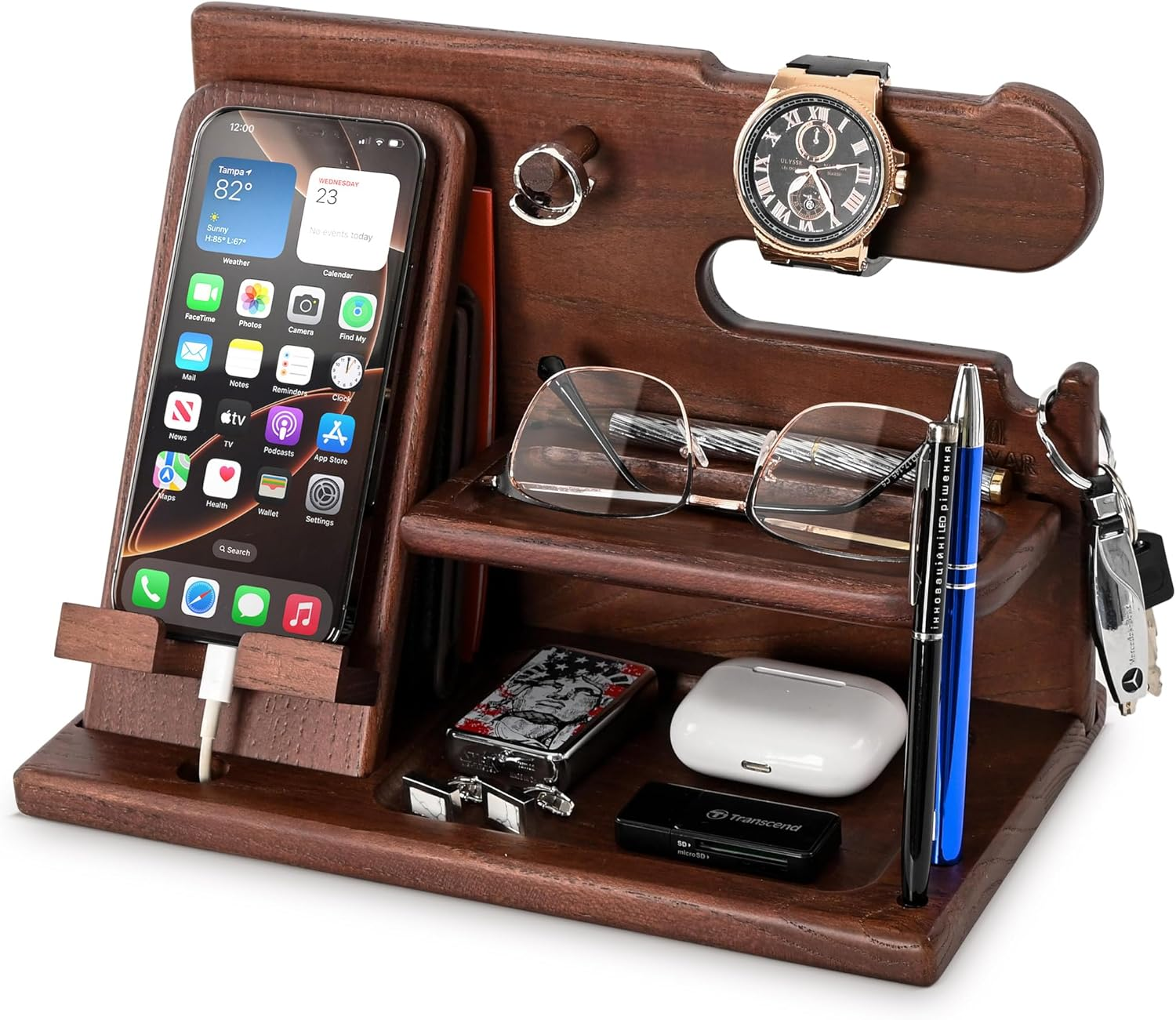 Wood Phone Docking Station Ash Key Holder Wallet Stand Watch Organizer Men Gift Husband Wife Anniversary Dad Birthday Nightstand Purse Father Graduation Male Travel Idea Gadget (Chestnut) image number 5