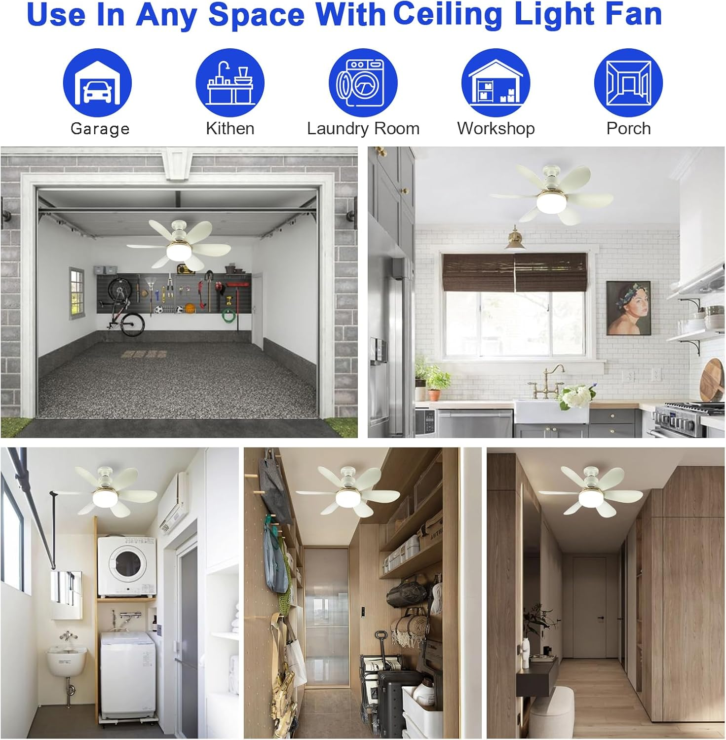 52CM Ceiling Fan with Light and Remote, Screw in Ceiling Fan in Light for Socket E26 E27, 40W Outdoor Small Dimmable Ceiling Fans with Light for Bedroom, Garage, Patios, Kitchen, Farmhouse image number 3