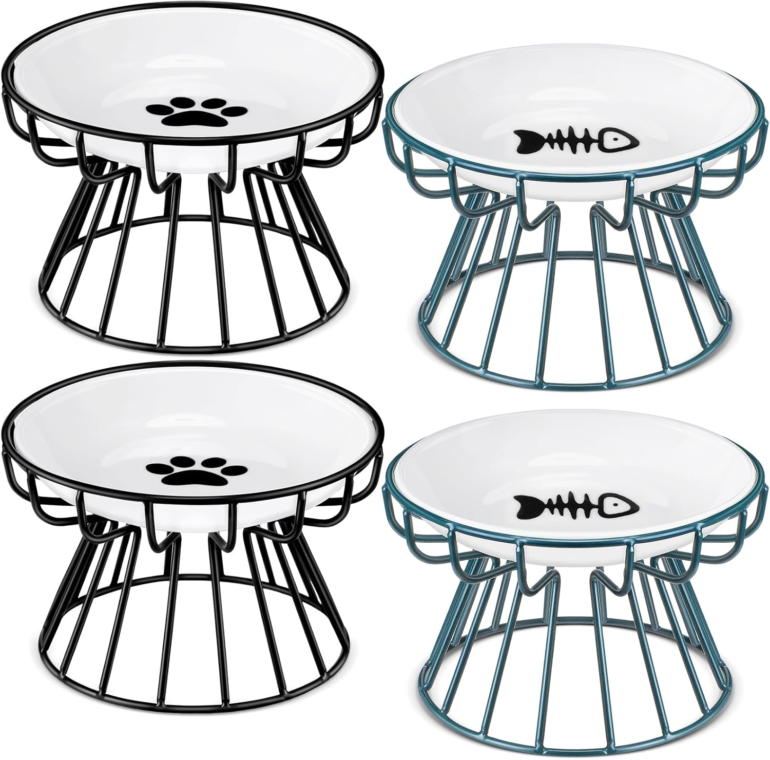 Roshtia 4 Sets Elevated Cat Bowls Ceramic Raised Cat Food Bowls with Metal Stand Dishwasher Safe Dishes Non Slip Elevated Food Plate(Black,Paw)