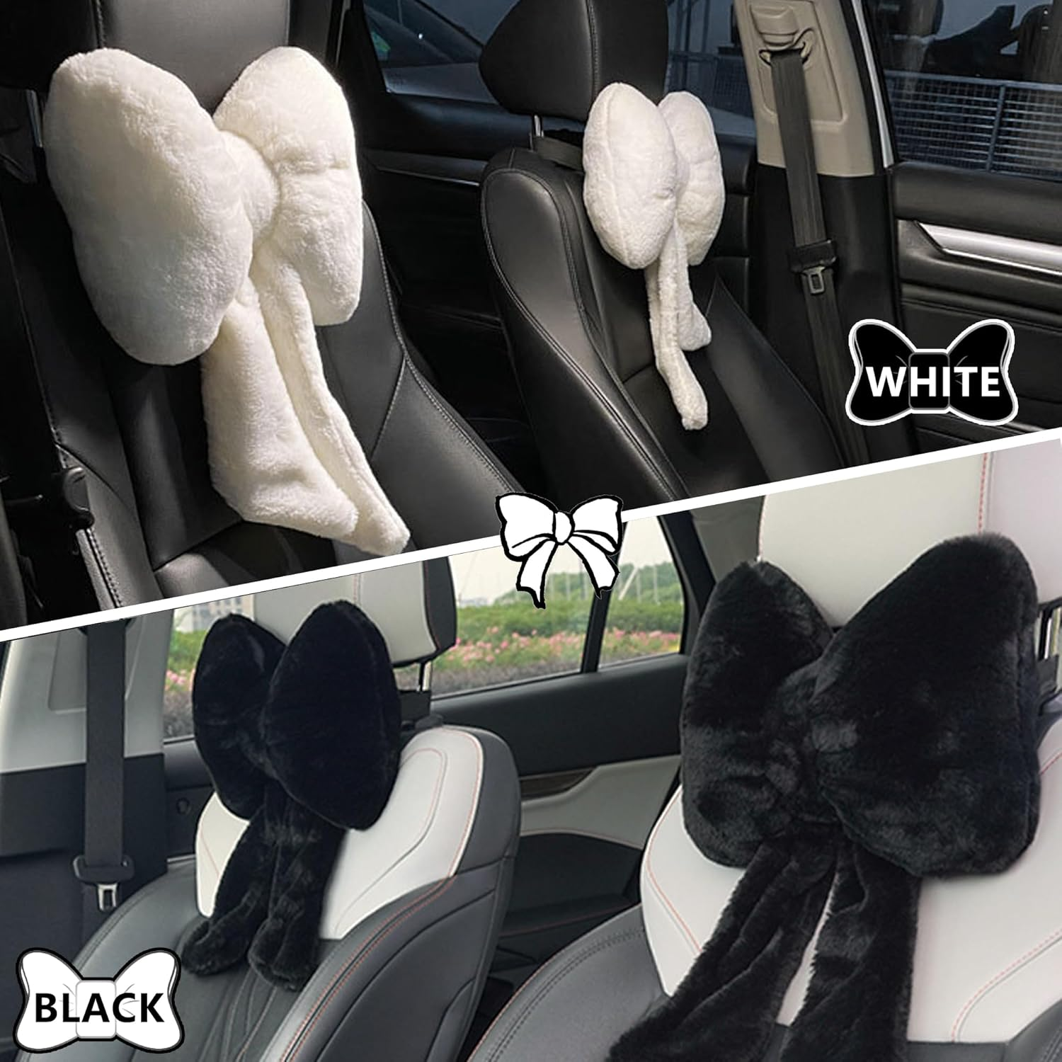 Car Neck Pillow 2PCS Plush Bowknot Car Headrest Pillow &ndash; Comfortable Neck Support for Driving Soft Touch Fabric Car Pillow Cute Girl-Style Interior Decor (Black) - Black image number 3