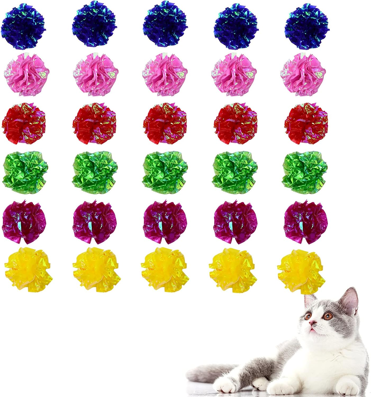 30 Pieces Colorful Cat Toys Rustle Sound Ball, Mylar Crinkle Balls, Kitten Toy Crinkle Paper Ball, Cat Crinkle Balls Chew and Chase, Interactive Cat Toy Crinkle Ball Indoor to Keep Fit and Active image number 2