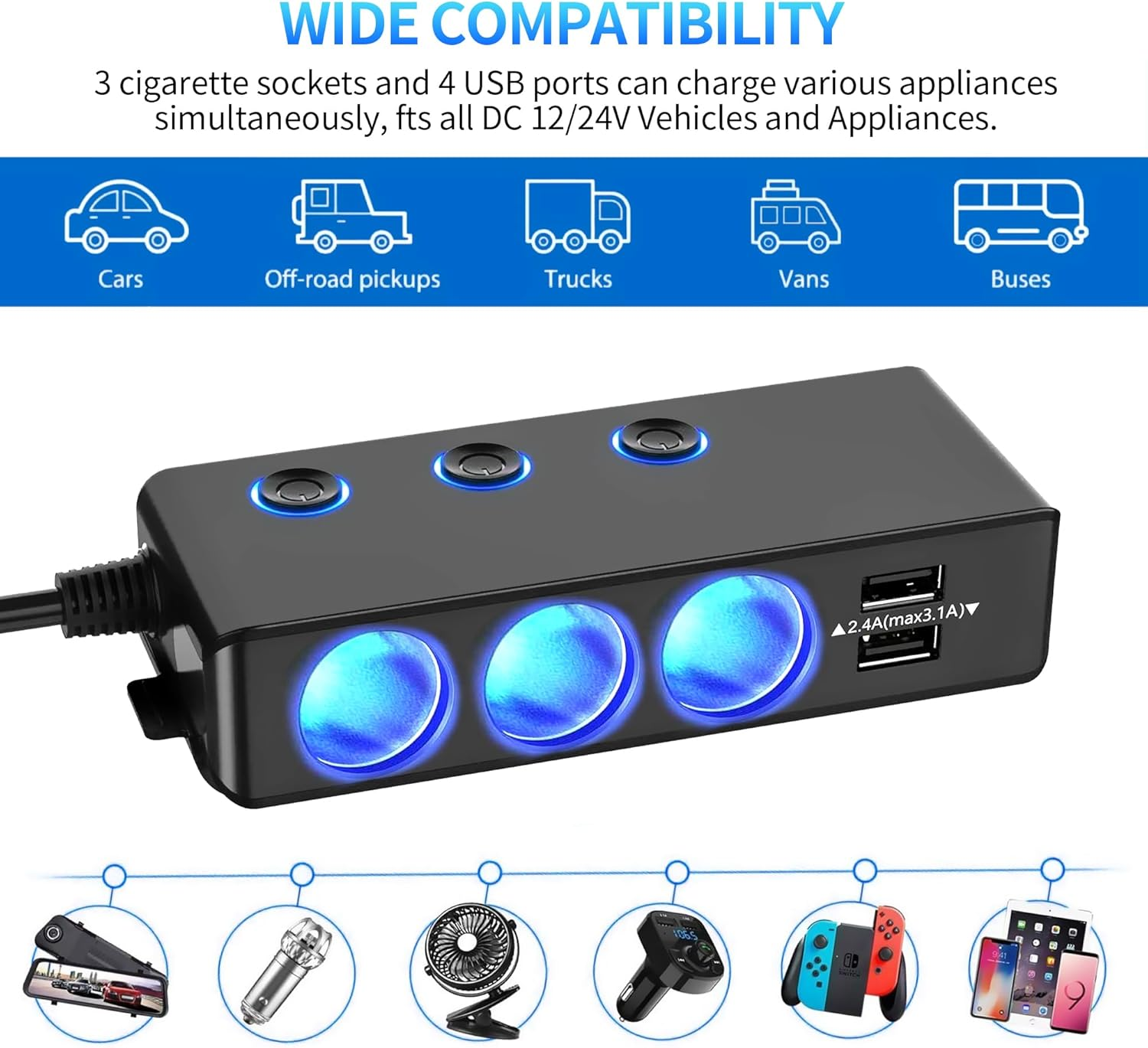 220W High-Power Car Cigarette Lighter Adapter Heavy-Duty Truck USB Charger 12V/24V Splitter with 3-Way Socket and Non-Slip Base for In-Vehicle Devices image number 2